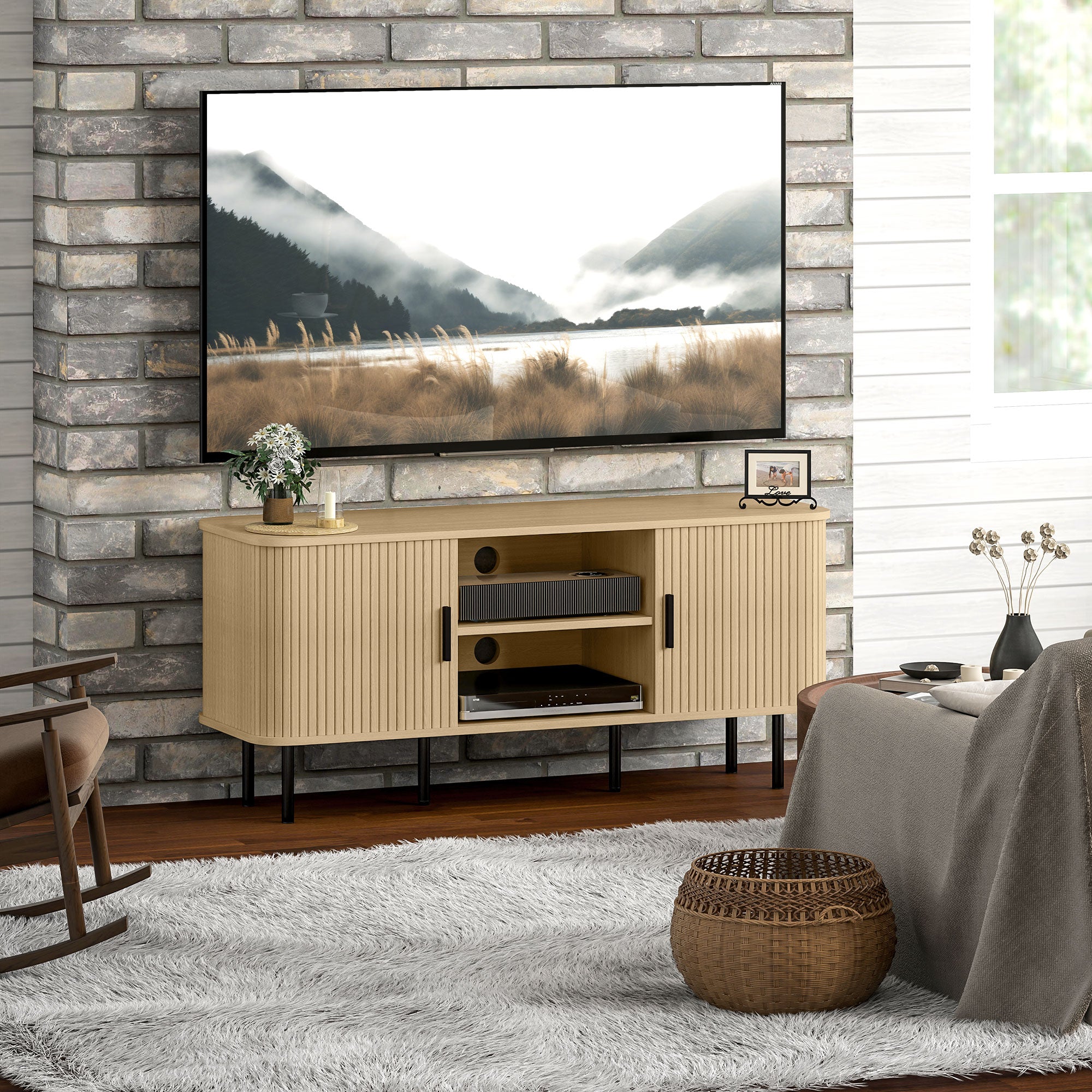 TV Stand Cabinet for TVs up to 55 Inches, TV Unit with Storage Shelves and Cupboard for Living Room, Oak Tone
