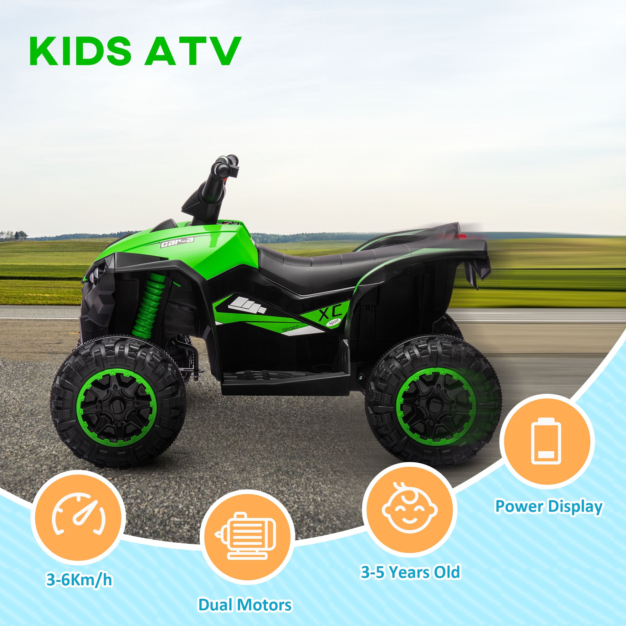 12V Ride-On Quad Bike w/ Music, Horn, for Ages 3-5 Years - Green