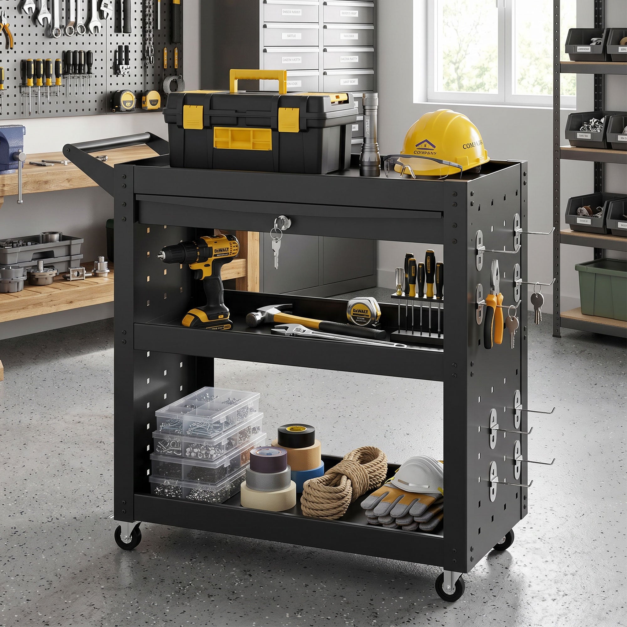 Tool Cart with Lockable Wheels, Rolling Workshop Cart with 3-Tier Trays, Drawer, Pegboards, Black