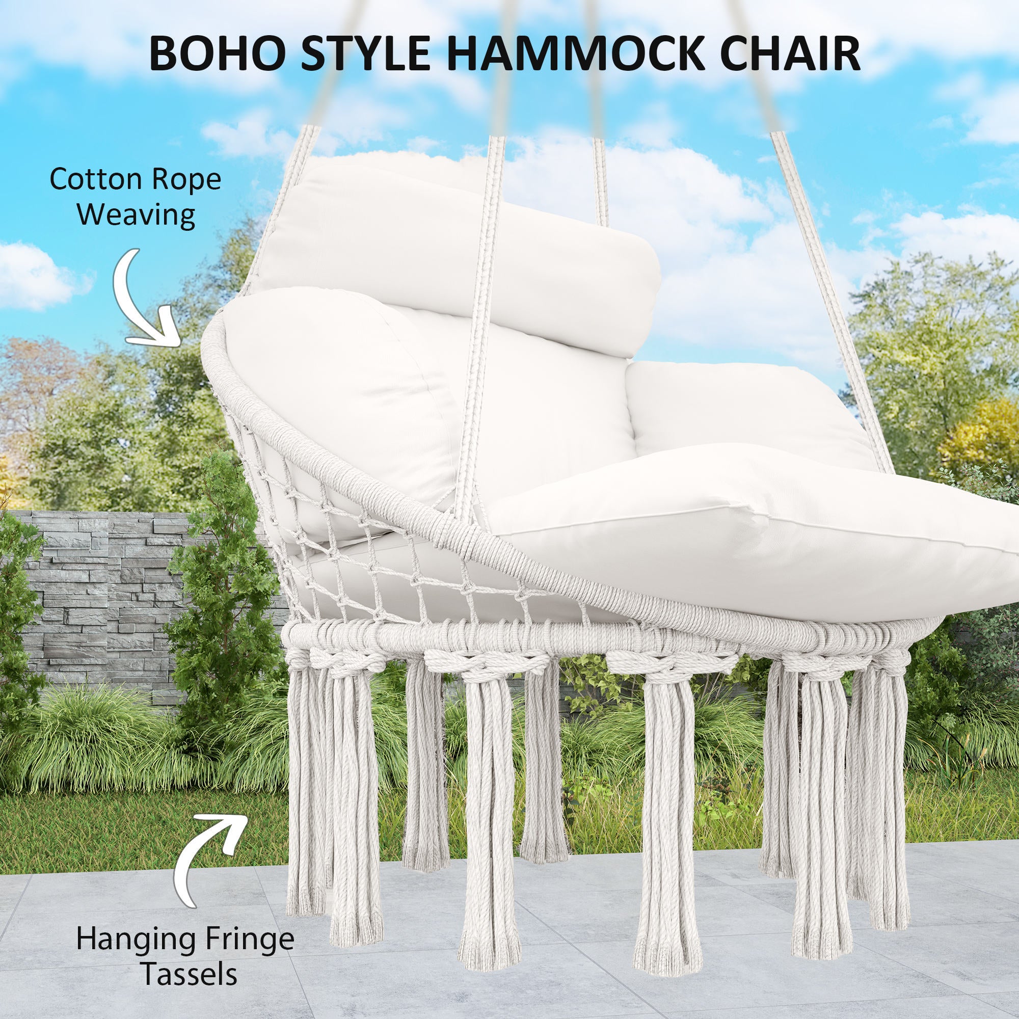 Hanging Hammock Chair with Soft Cushion and Cotton Rope - Cream White