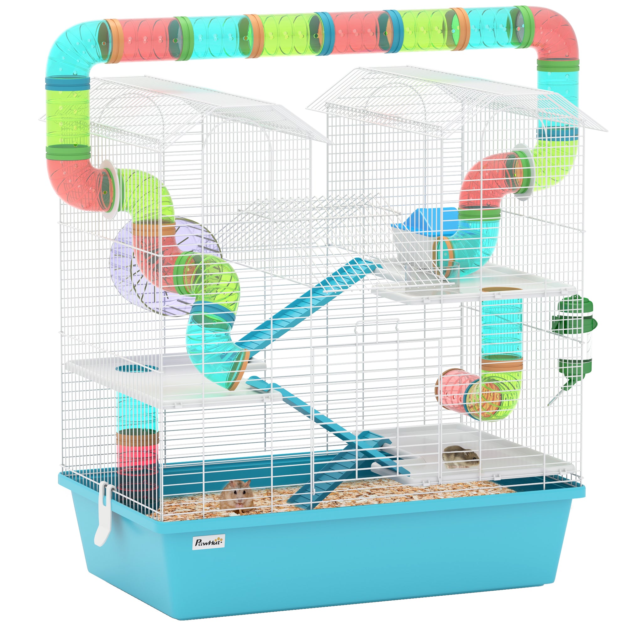4 Tier Hamster Cage w/ Tubes, Exercise Wheel, Hut, Water Bottle, Food Dish, Ramps, for Drawf, 58 x 36 x 65cm, Light Blue