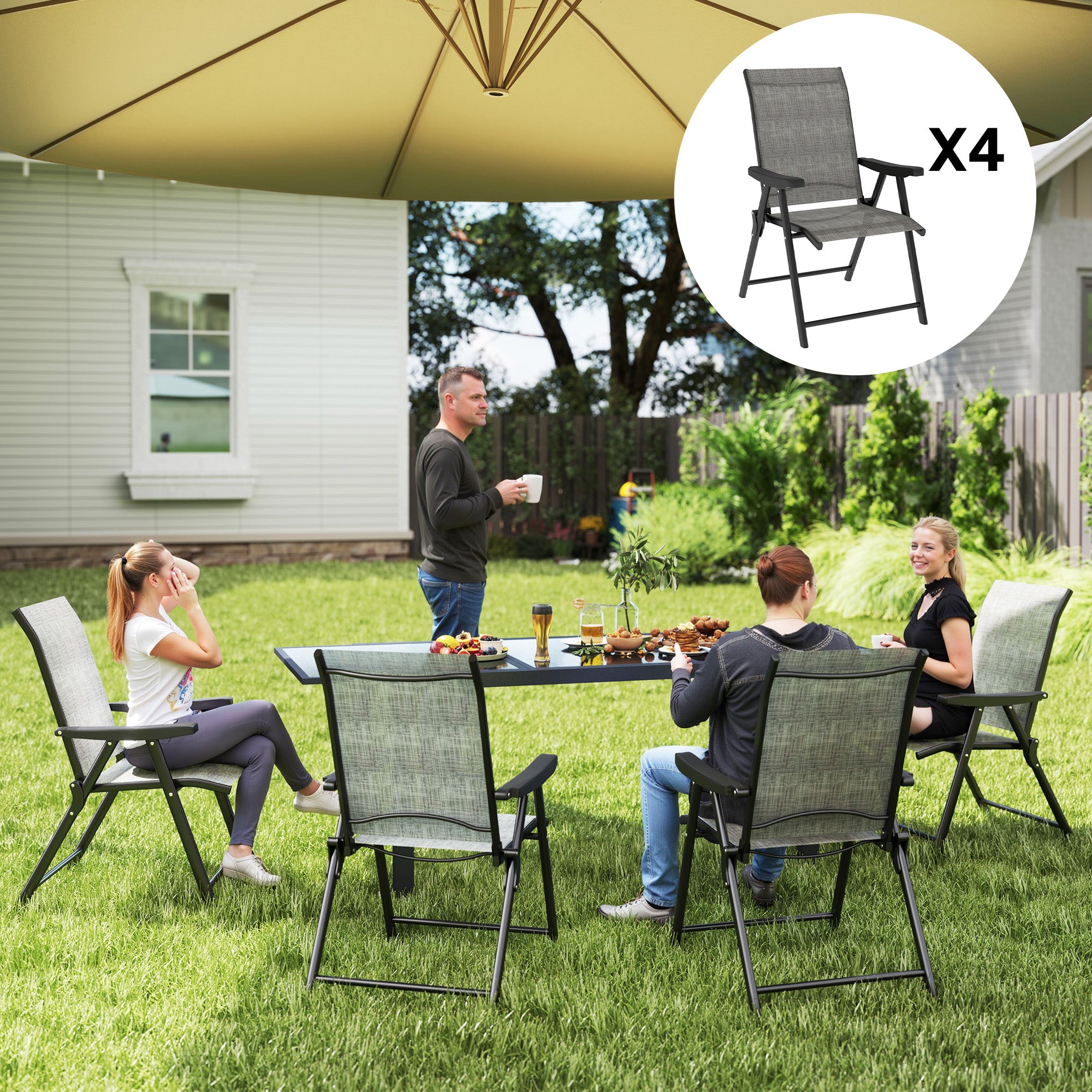 Set of 4 Folding Outdoor Chairs with Breathable Mesh Seats - Black Grey