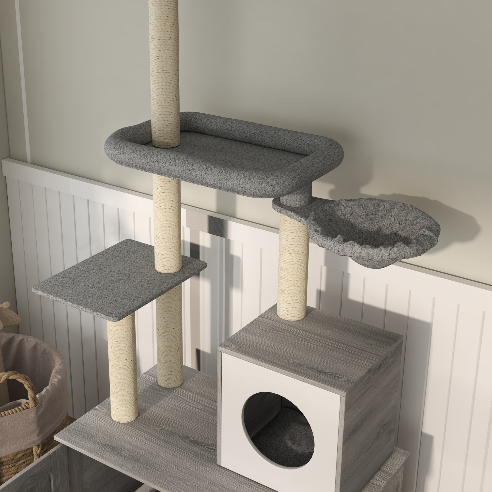 2-in-1 Floor-To-Ceiling Cat Tree with Hidden Litter Box, for Indoor Use - Grey