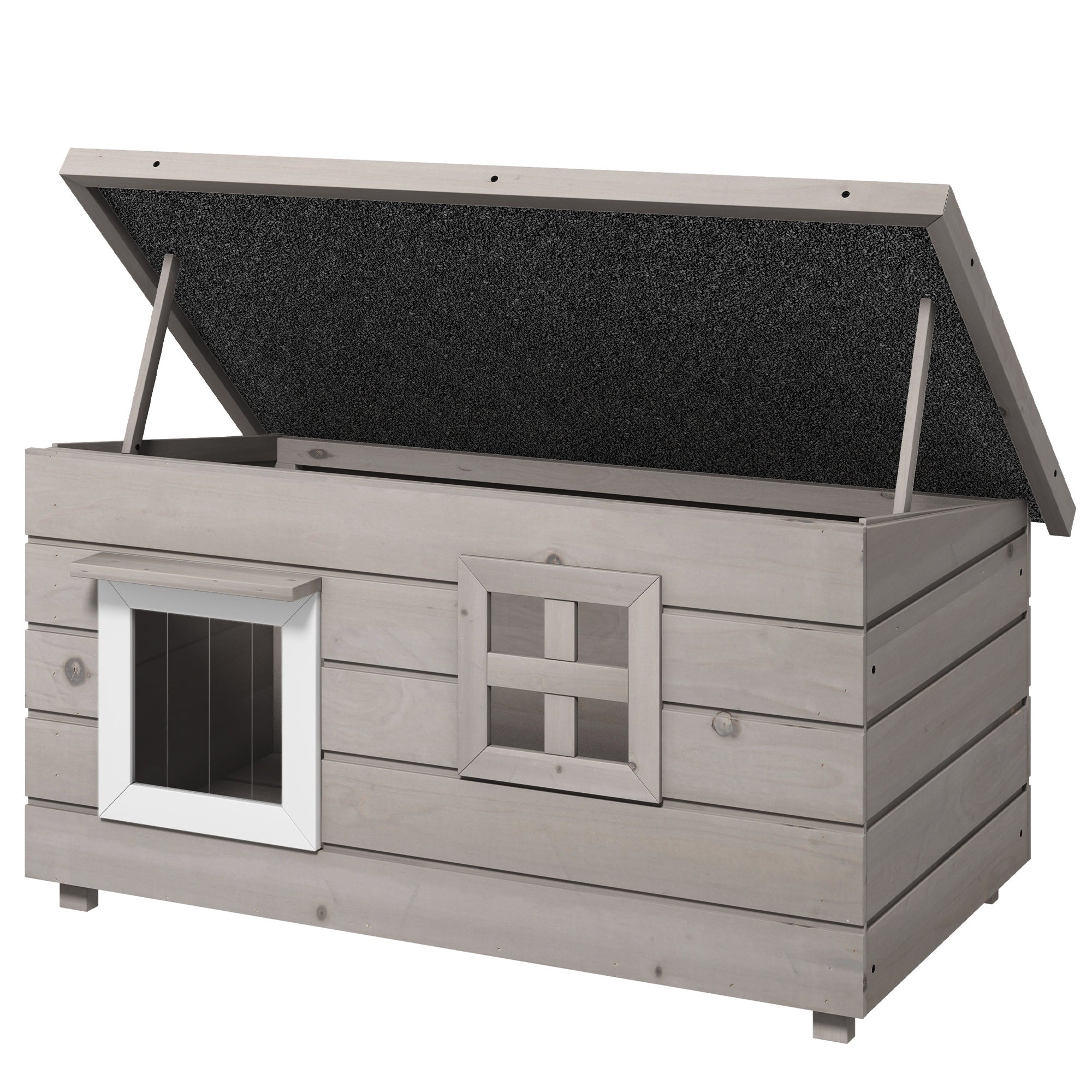 Wooden Outdoor Cat House, Elevated Cat Shelter Kennel, Pet Play House with Openable Top, Asphalt Roof, Window, Grey