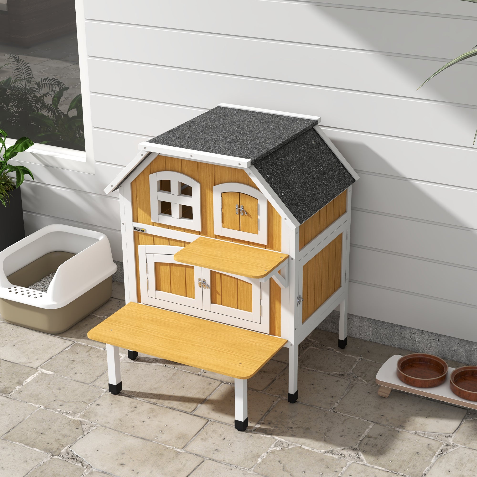 Outdoor Cat Shelter 2 Tiers Wooden Feral Cat House with Openable Asphalt Roof, Escape Doors, Terrace, for 1-2 Cats