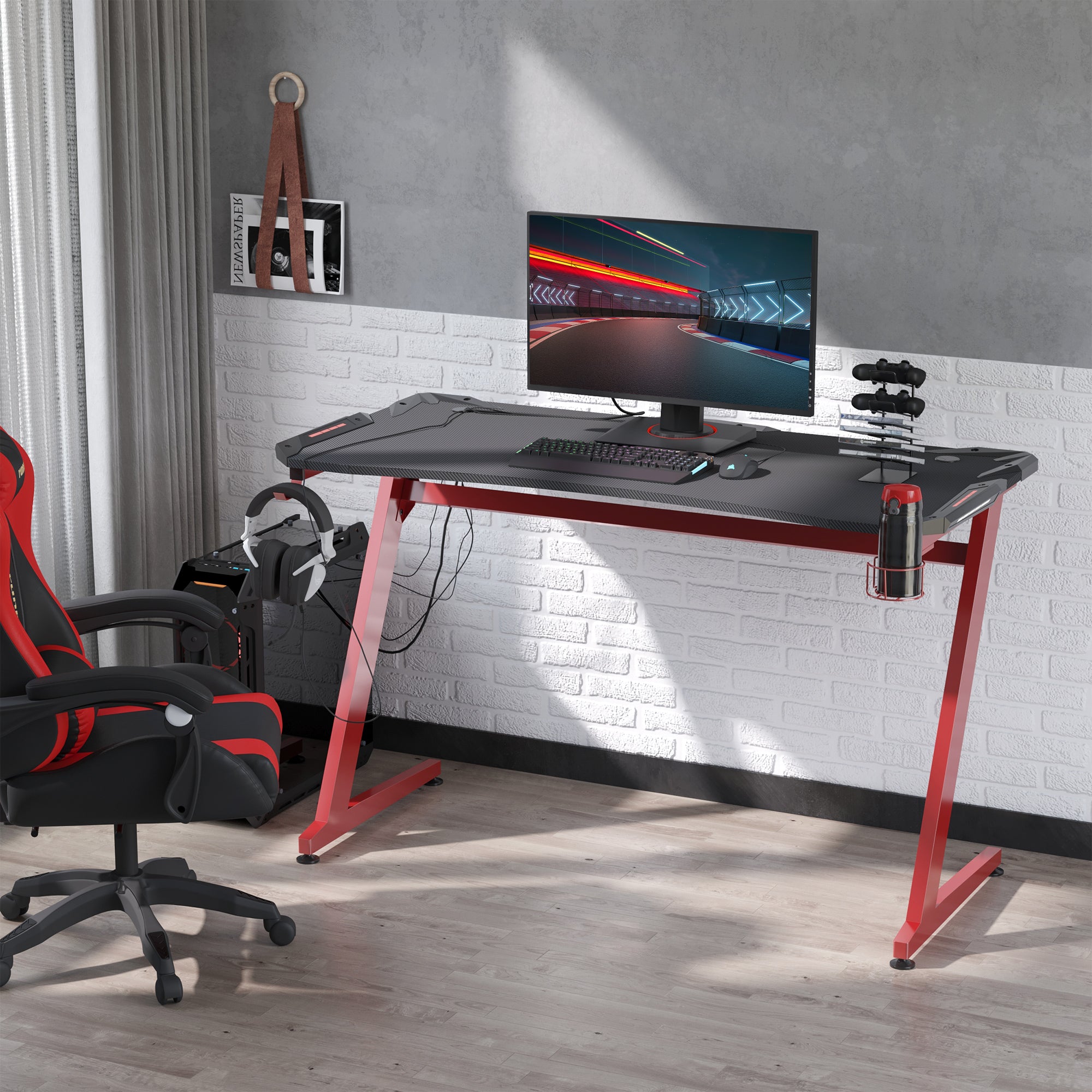 142 x 66 cm Gaming Desk, Carbon Fibre Covered Computer Desk, Gamer Workstation with Headphone Hook, Cup Holder and Gamepad Storage Rack, Black and Red