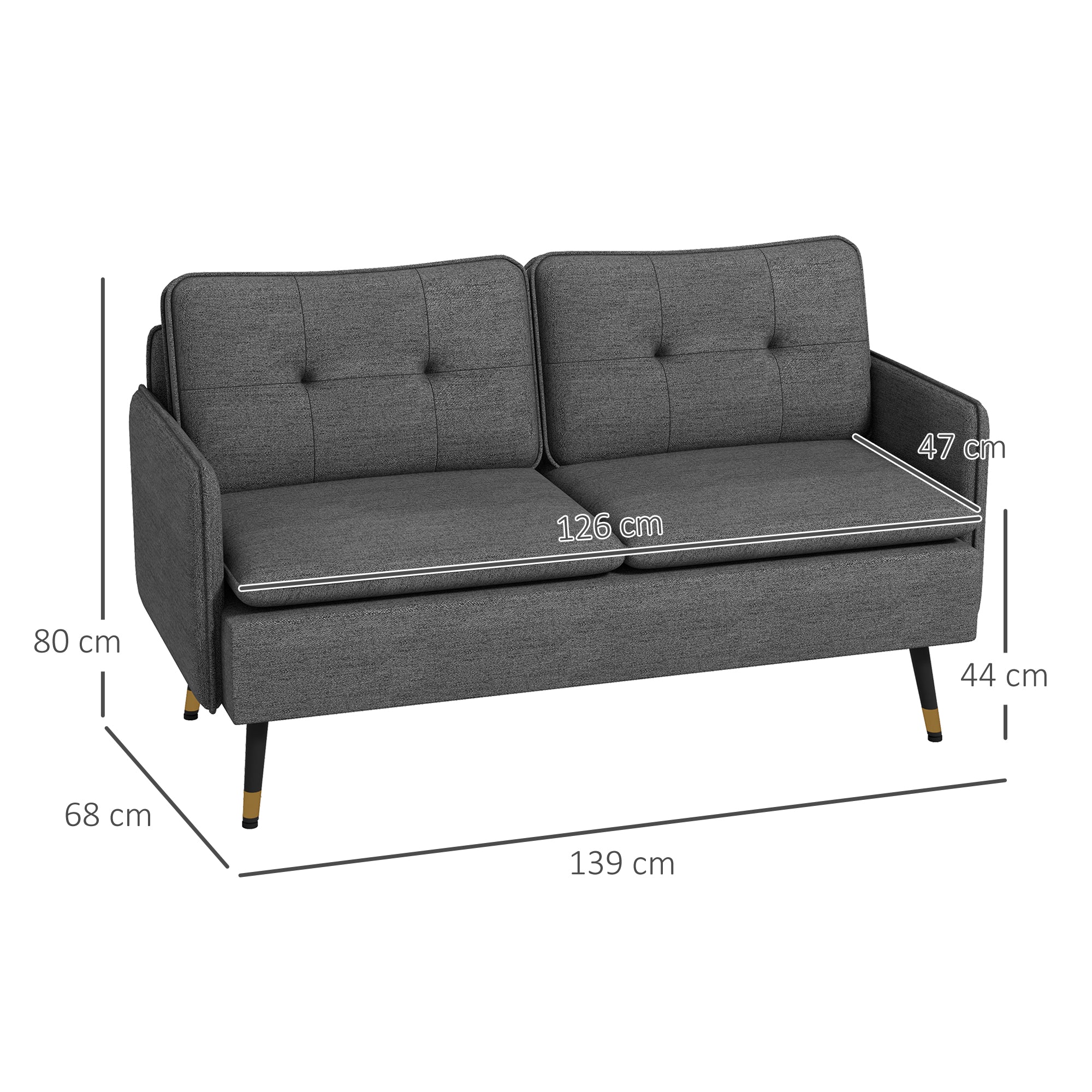 Modern Two Seater Sofa, Button Tufted Loveseat with Cushions and Steel Legs for Living Room, Guest Room, Dark Grey