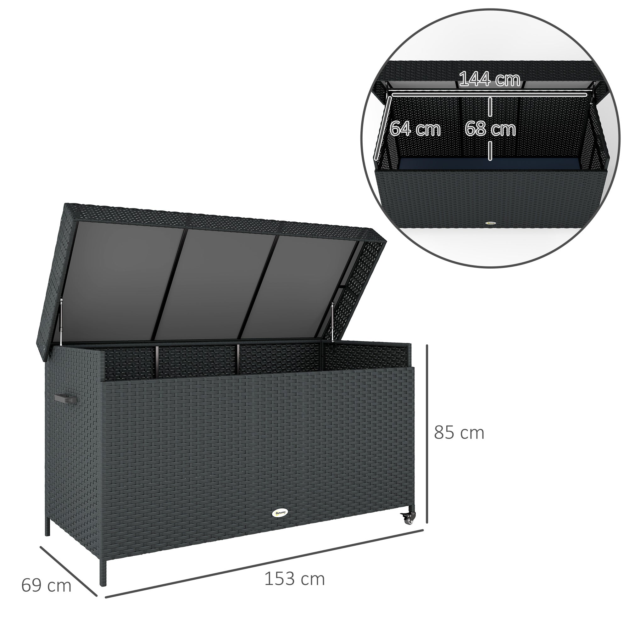627L Rattan Storage Box with 2 Brake Wheels - Black