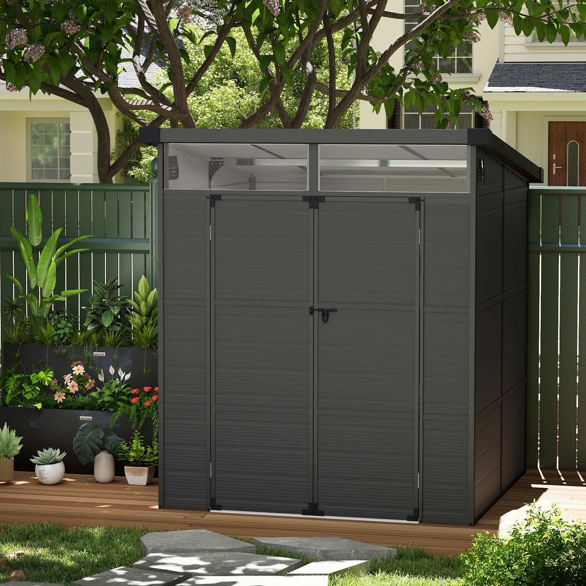 6 x 6ft Outdoor Storage Shed, Plastic Garden Shed with Windows and Air Vents, Outdoor Resin Tool Shed with Latch Doors for Garden, Deck, Dark Grey