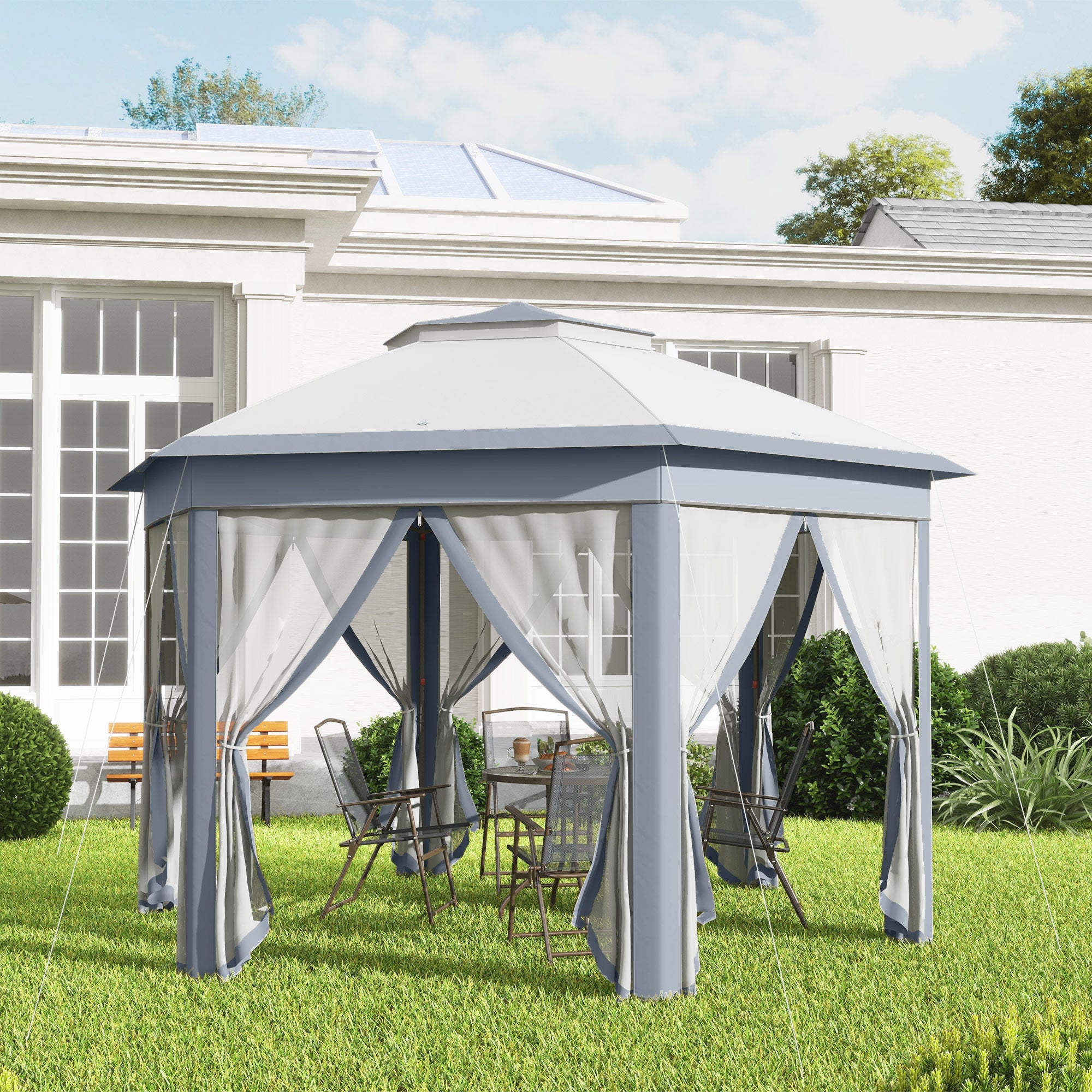 3 x 4m Metal Frame Hexagon Gazebo, with Curtains - Grey