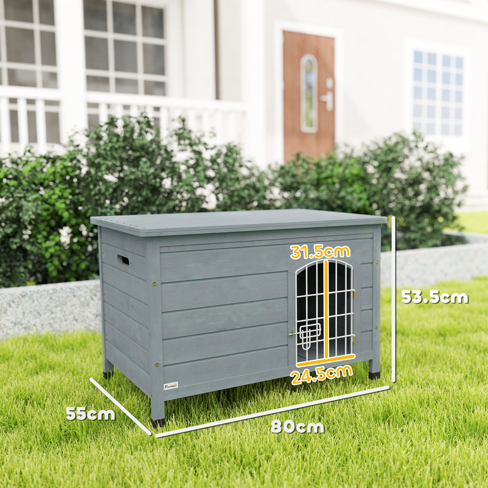 Wooden Dog House with Removable Bottom, Wire Door, Openable Top, Pet Shelter for Small Dog, 80 x 55 x 53.5cm, Dark Grey