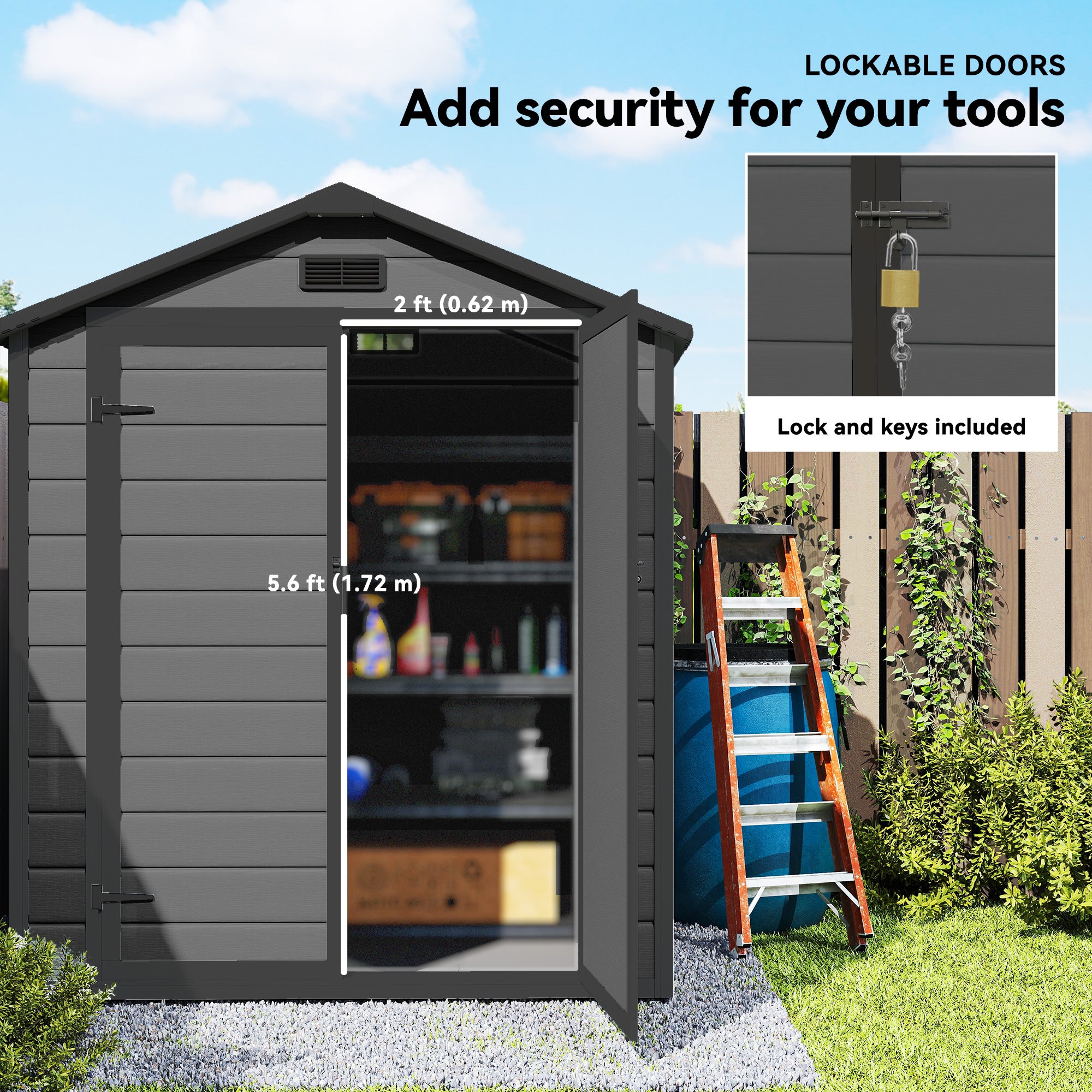 6'x4.5' Garden Storage Shed, Lockable Garden Shed with Double Doors, Window, Vent and Plastic Roof, Dark Grey