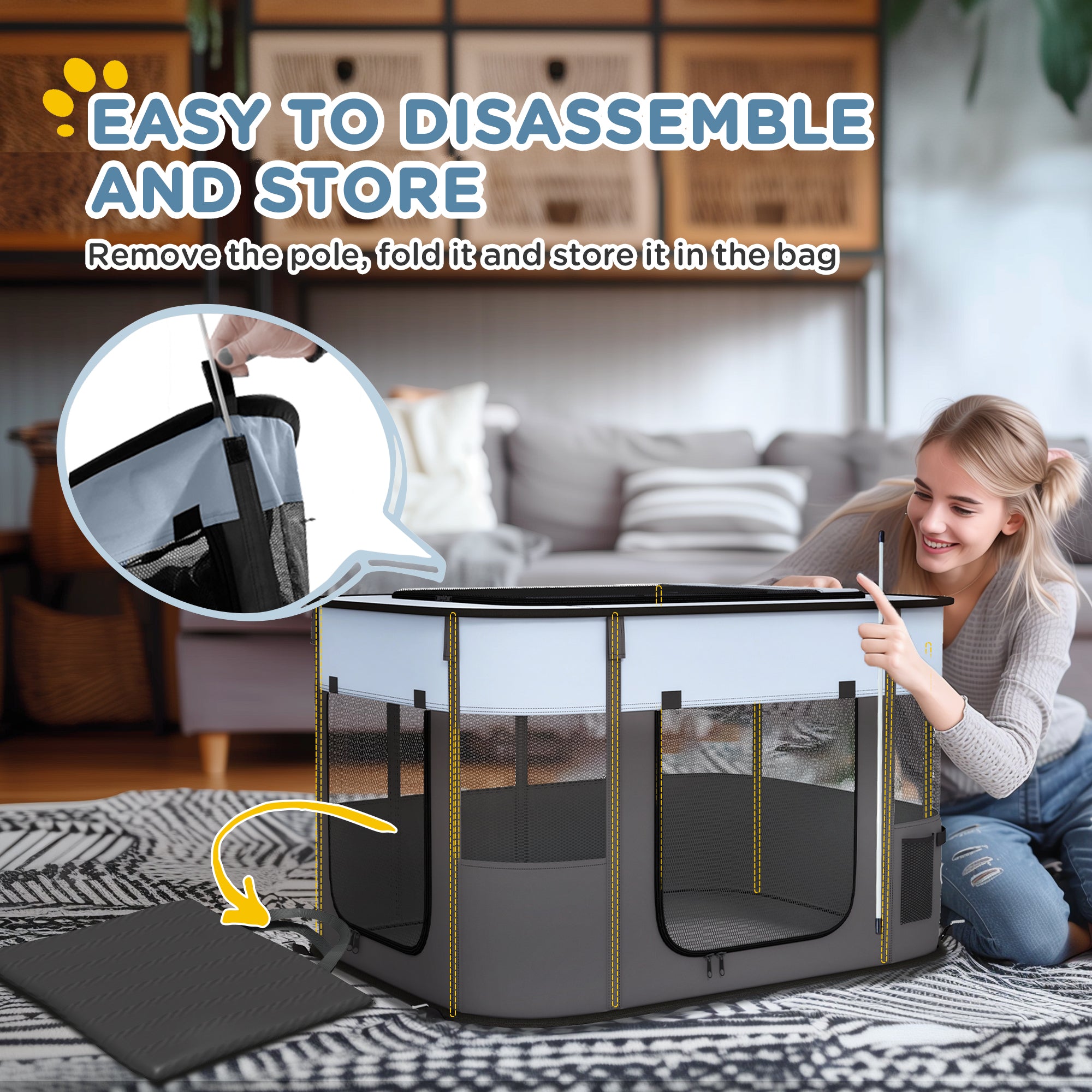 Foldable Dog Pen with Storage Bag for Indoor/Outdoor Use - Grey