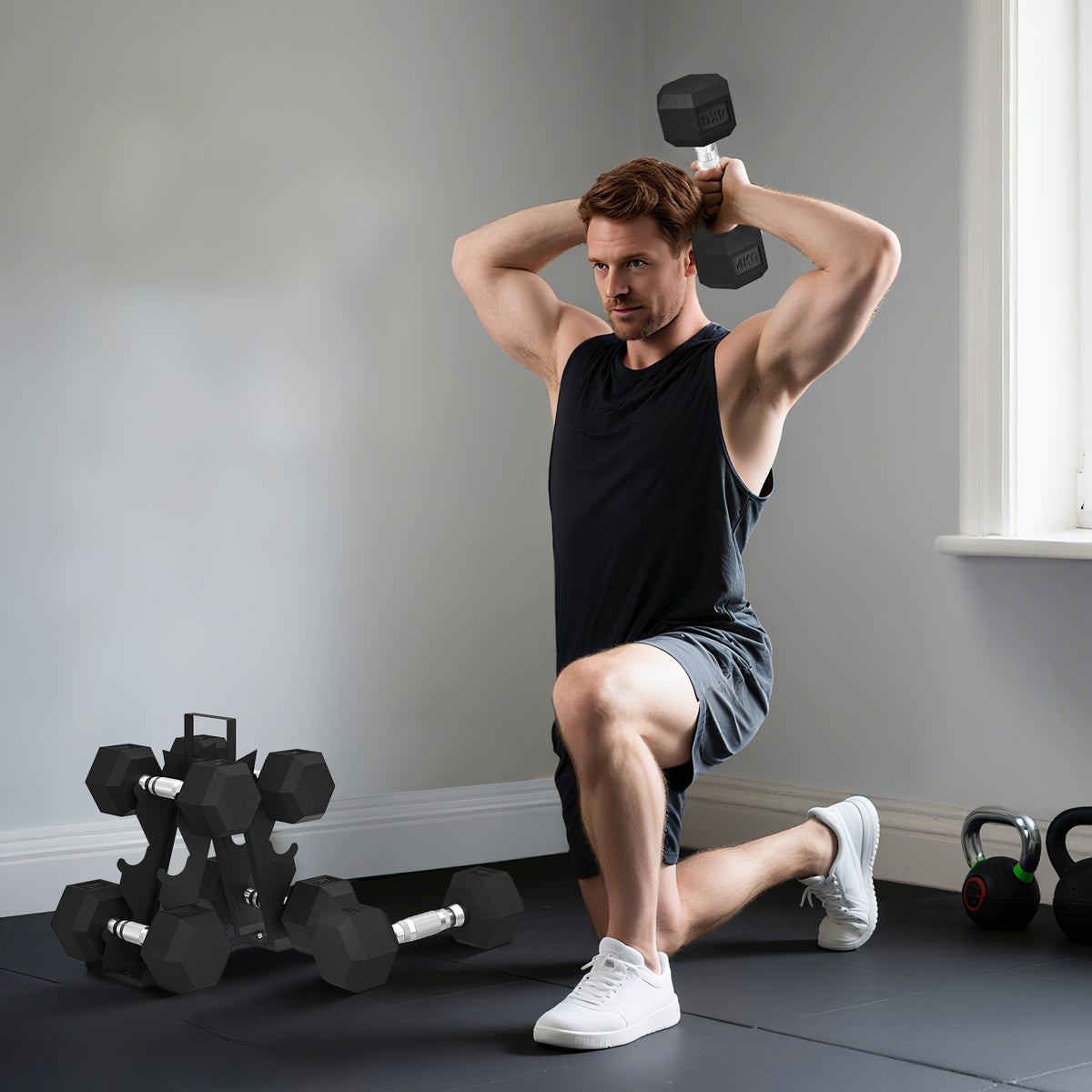 Hex Dumbbell Set with Weights Storage Rack, Rubber Coated Dumbbells, Non-Slip Chrome Handles, Space-Saving for Home Gym Weight Lifting Strength Training, 2 x 4kg, 2 x 6kg, 2 x 8kg