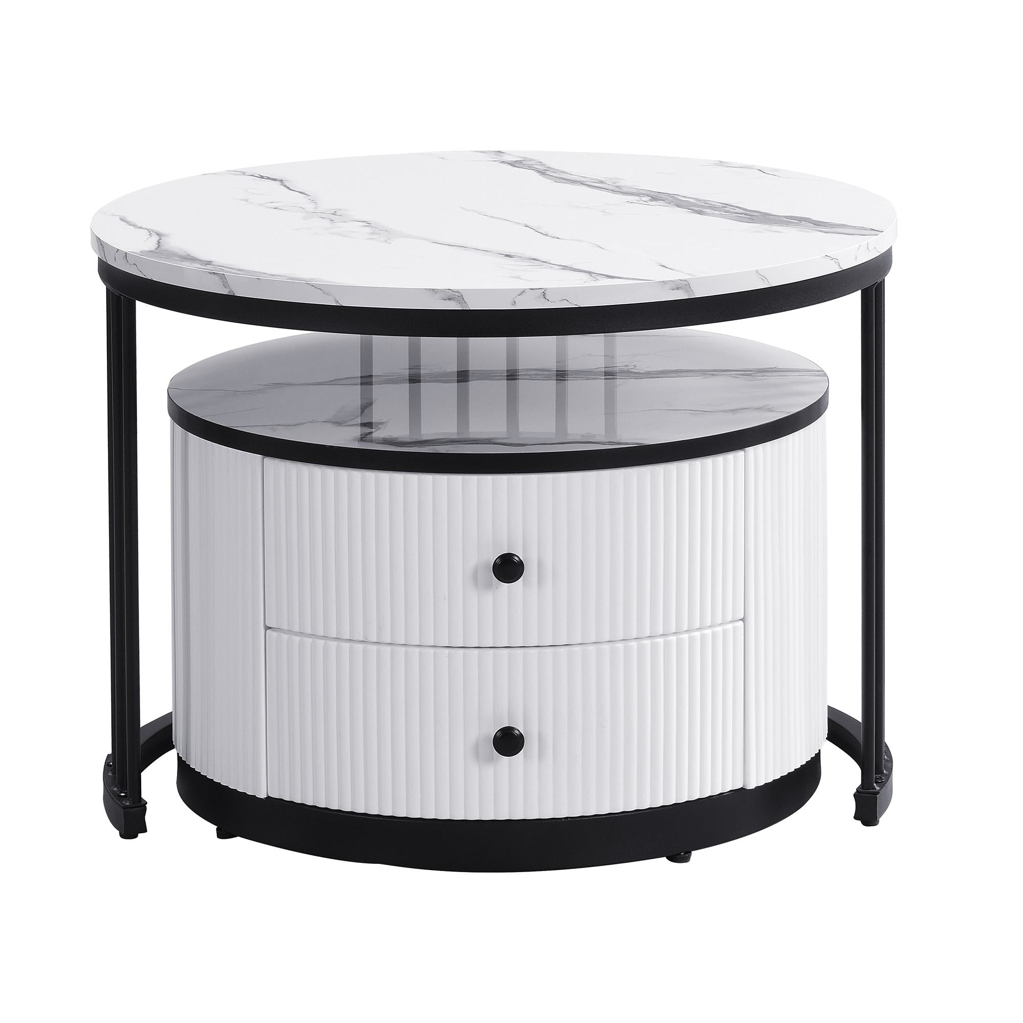 High Gloss Round Nesting Coffee Table Set with Marble Pattern Top and Storage Drawers, Modern Centre Table for Living Room, White+Black