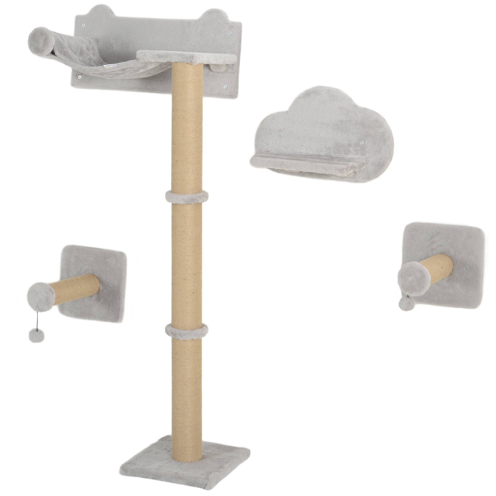 4 Piece Cat Shelves w/ Scratching Post, Steps, Jumping Platform, Ladder, Toy Balls, for Indoor Cats, Light Grey