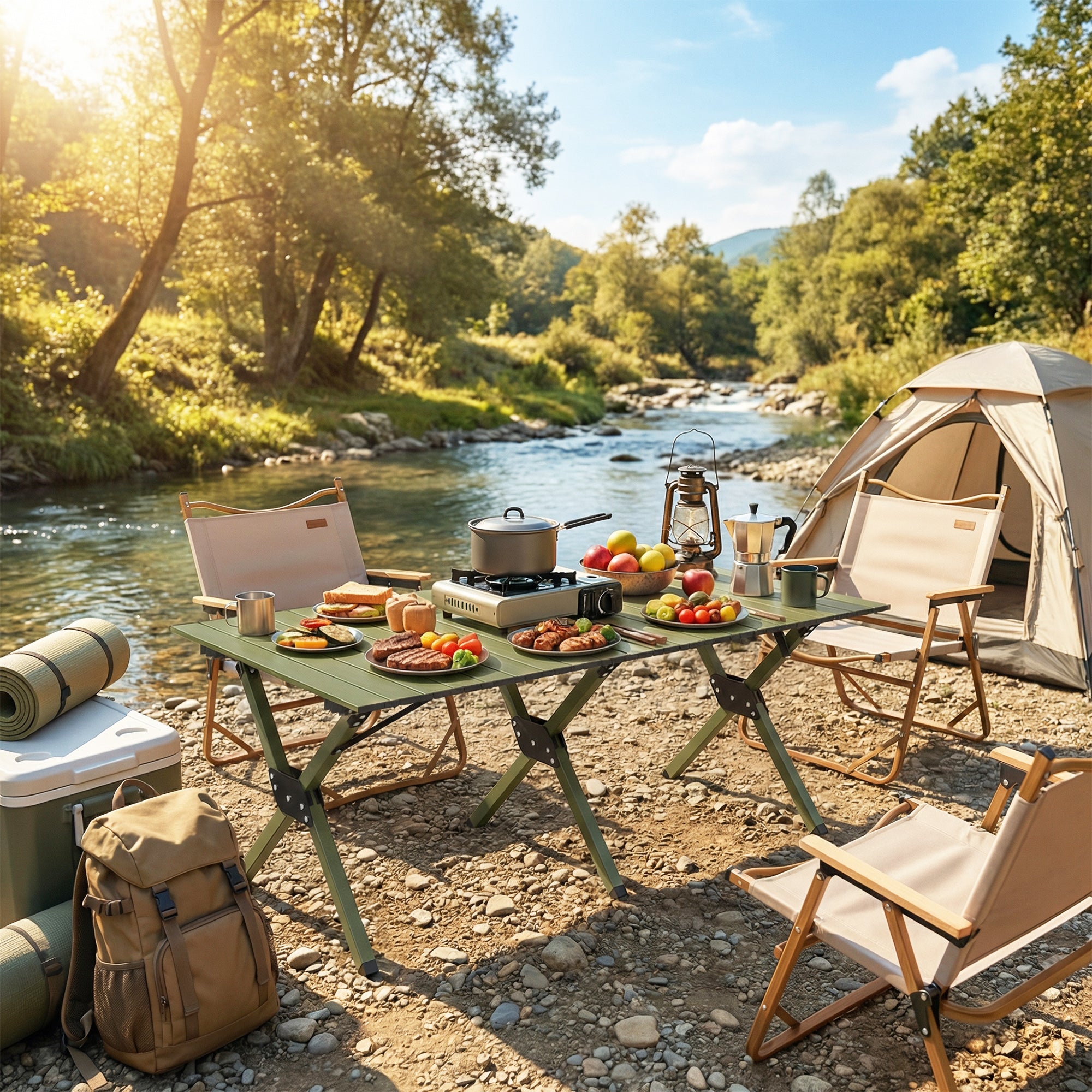 4ft Folding Camping Table, Waterproof Picnic Table with Roll Up Top and Metal Frame, Green