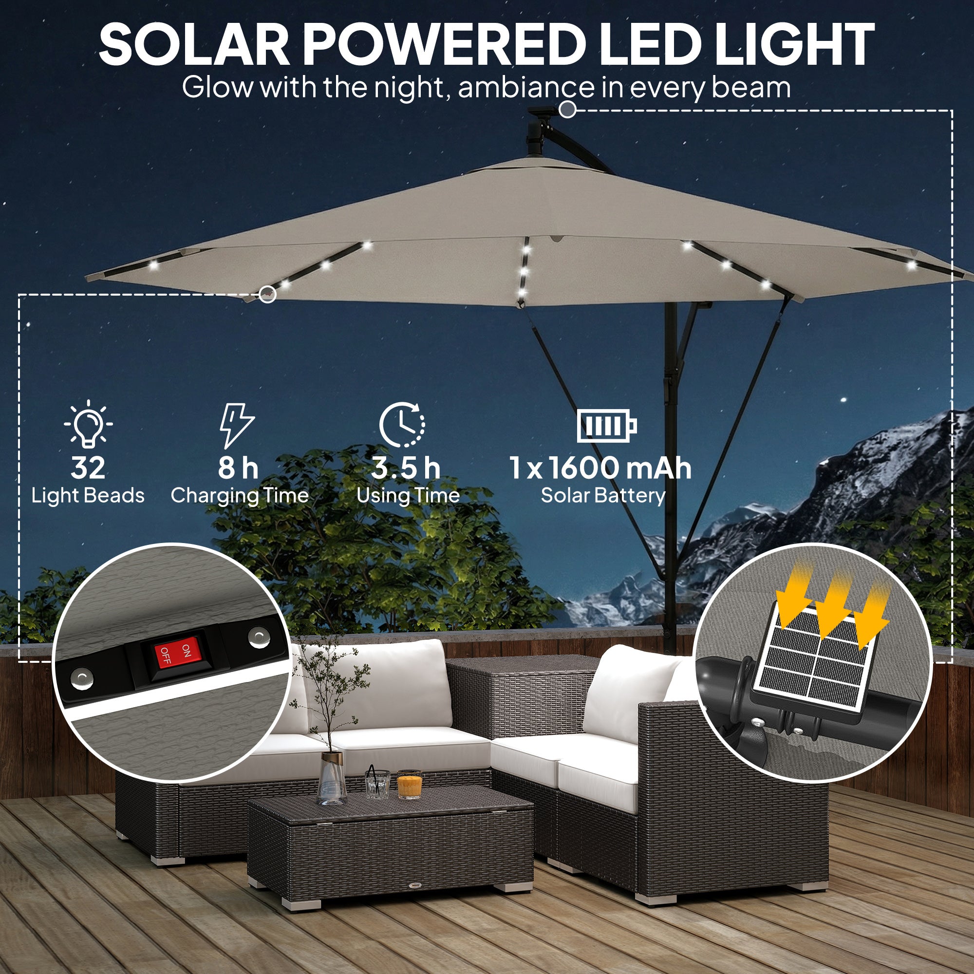 3 m Cantilever Parasol with Solar LED Lights Garden Umbrella with Cross Base, Light Grey
