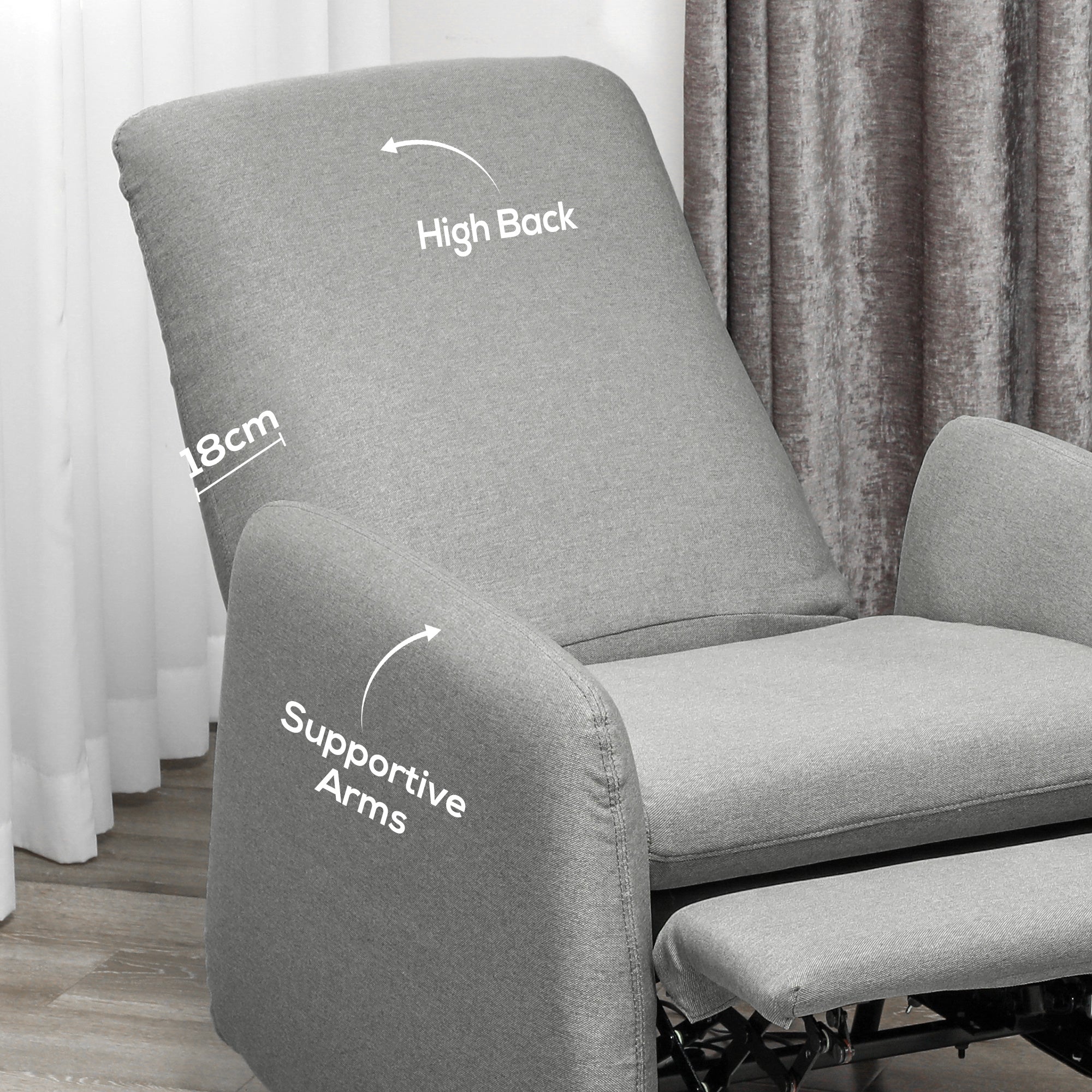 Push Back Recliner Armchair, Fabric High Back Reclining Chair with Adjustable Leg Rest and Pocket Spring Seat for Living Room, Bedroom, Home Office, Grey