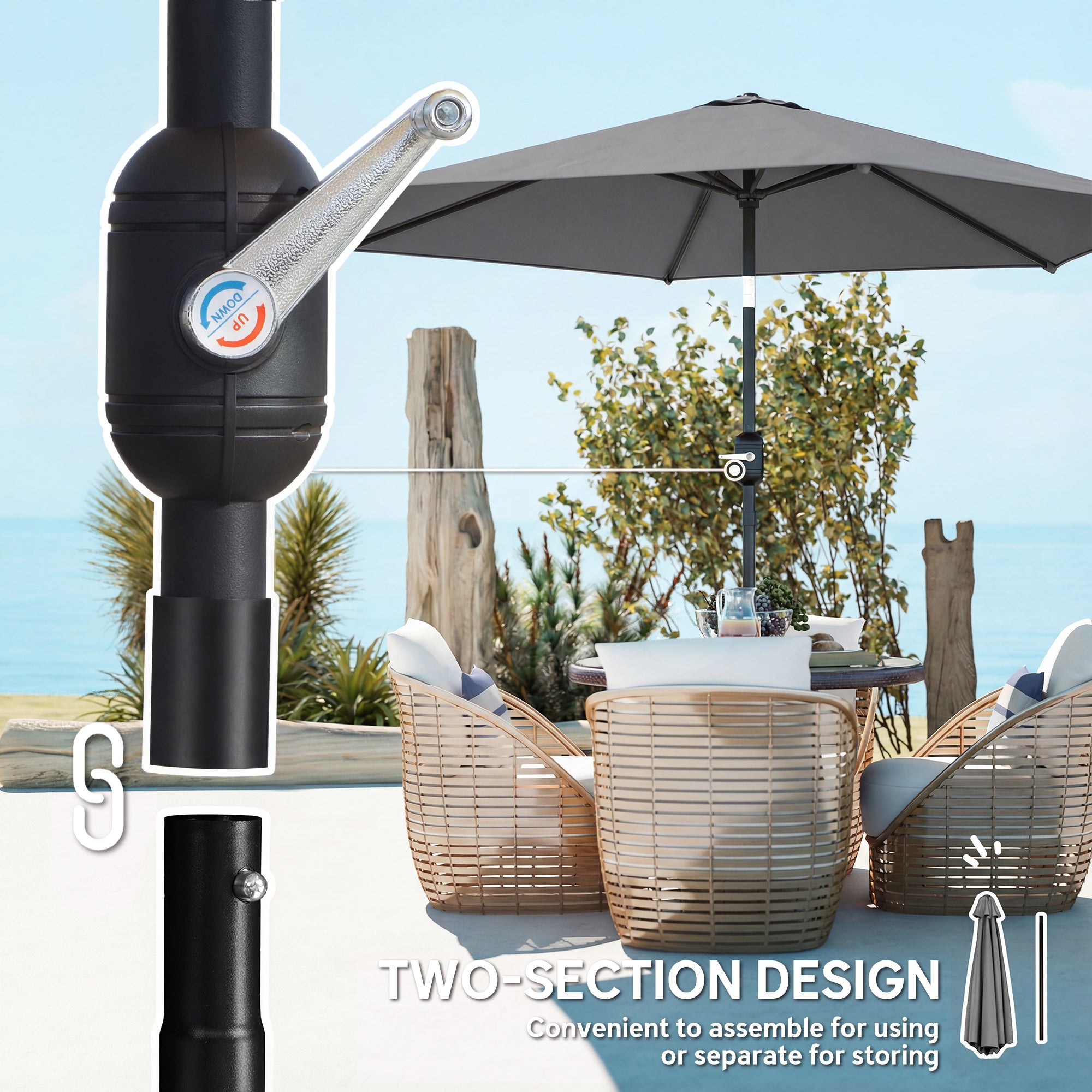 2.6 m Garden Parasol Umbrella with Aluminium Pole, Outdoor Patio Umbrella with Tilt and Crank, Vent, Grey