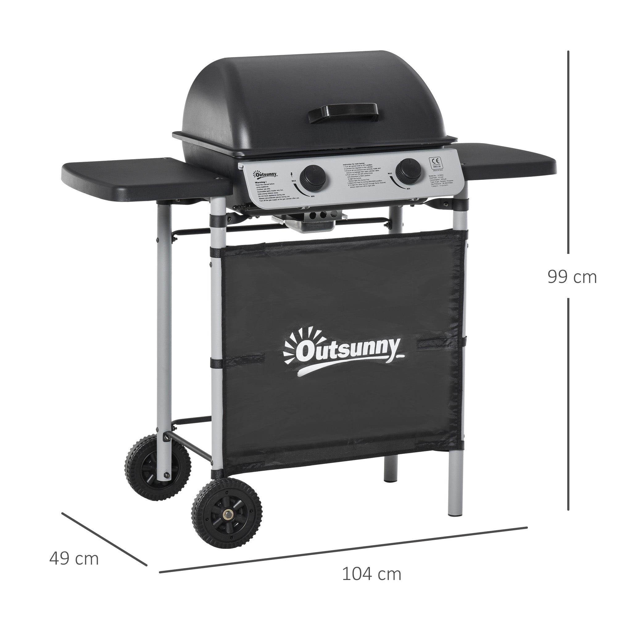 2 Burner Gas BBQ Trolley with Lid, 5.6 kW Gas Barbecue Grill with Wheels, Side Shelves, Grey