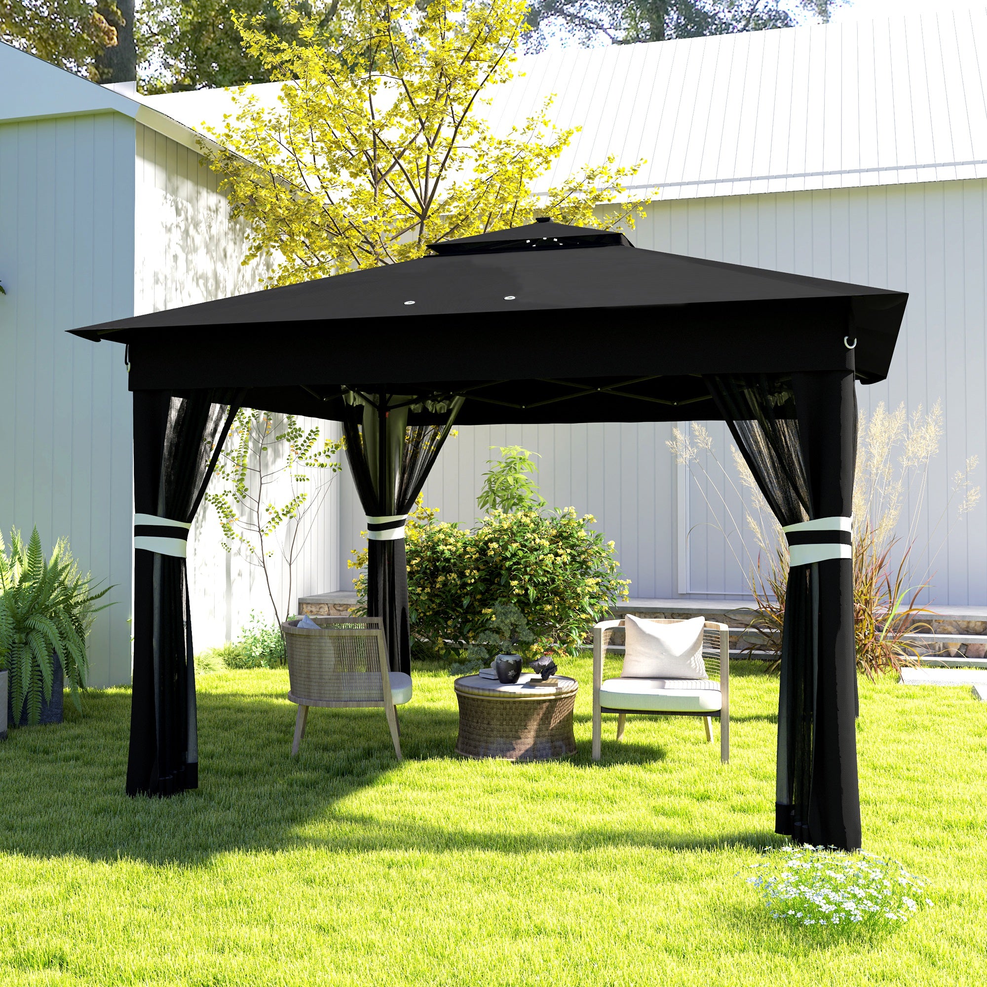 3 x 3 Metre Pop Up Gazebo with Solar LED Lights and Netting - Black
