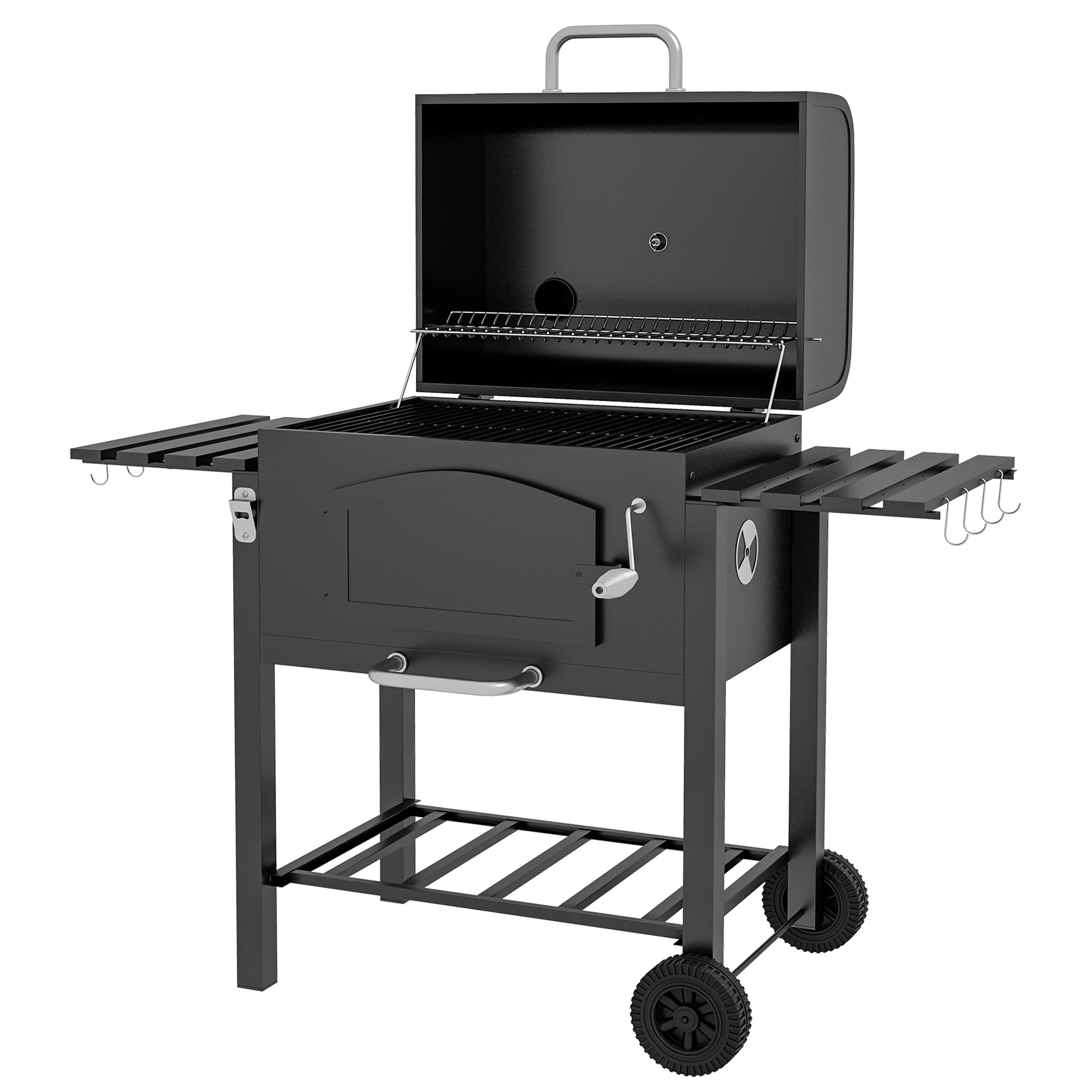 Charcoal Barbecue Grill Trolley Garden Smoker with Shelves, Adjustable Height, Thermometer on Lid, Opener and Wheels