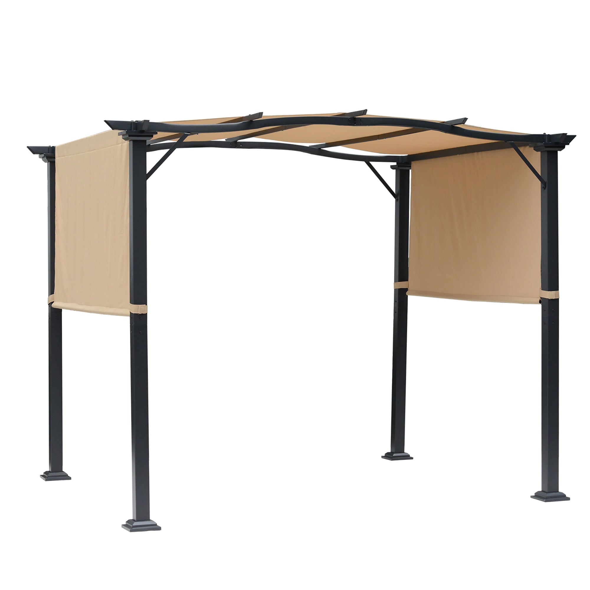 Outdoor Retractable Pergola Garden Gazebo with Two Adjustable Side Canopy Overhead Sun Shade Backyard Canopy Cover, Steel Khaki 2.96x2.45x2.3m