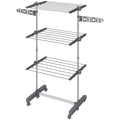 Three-Shelf Collapsible Clothes Horse with Side Arms and Wheels - Grey