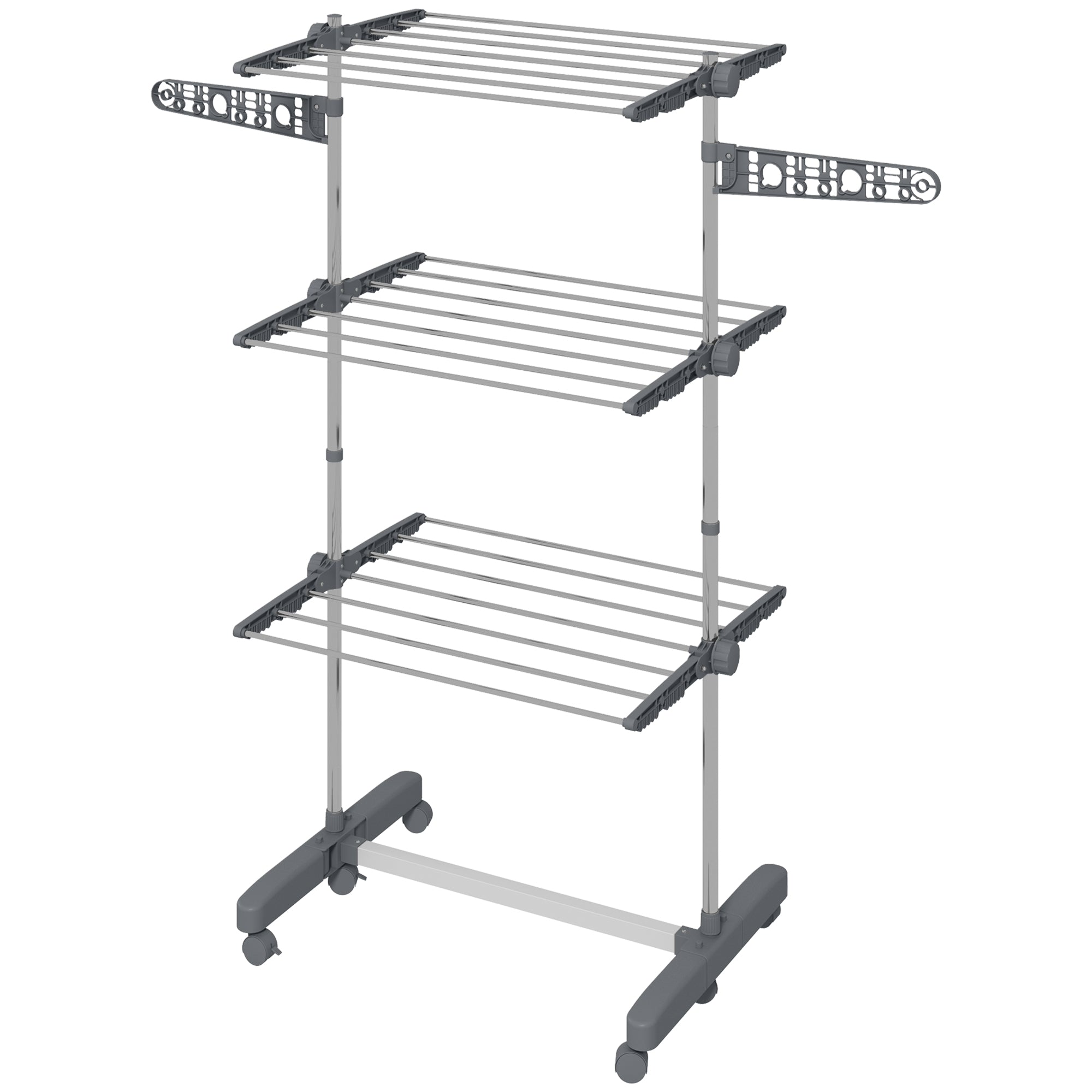 Three-Shelf Collapsing Clothes Horse, With Side Arms and Wheels - Grey