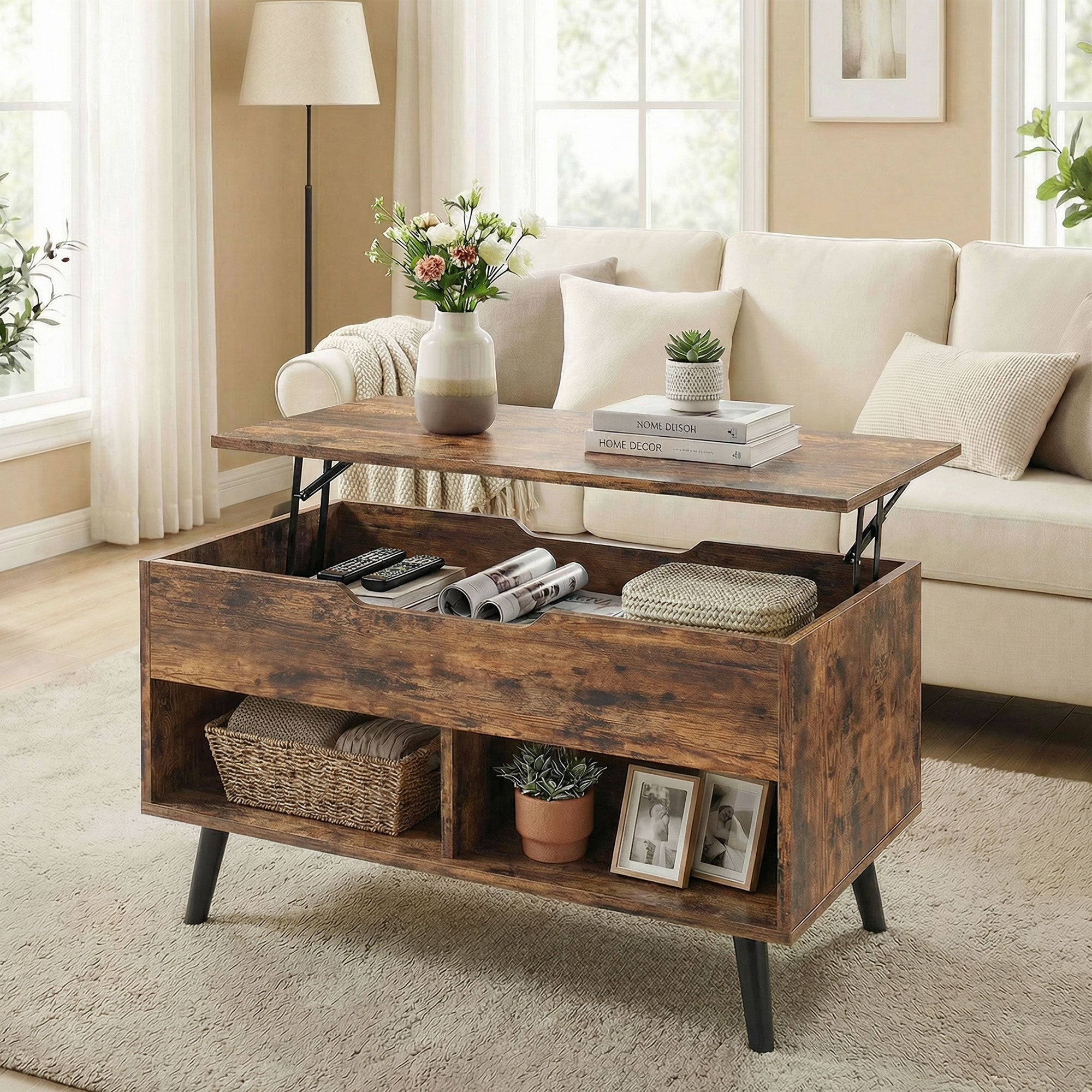 Lift Top Coffee Table with Hidden Storage Living Room Table Metal Legs 75 cm Rustic Brown