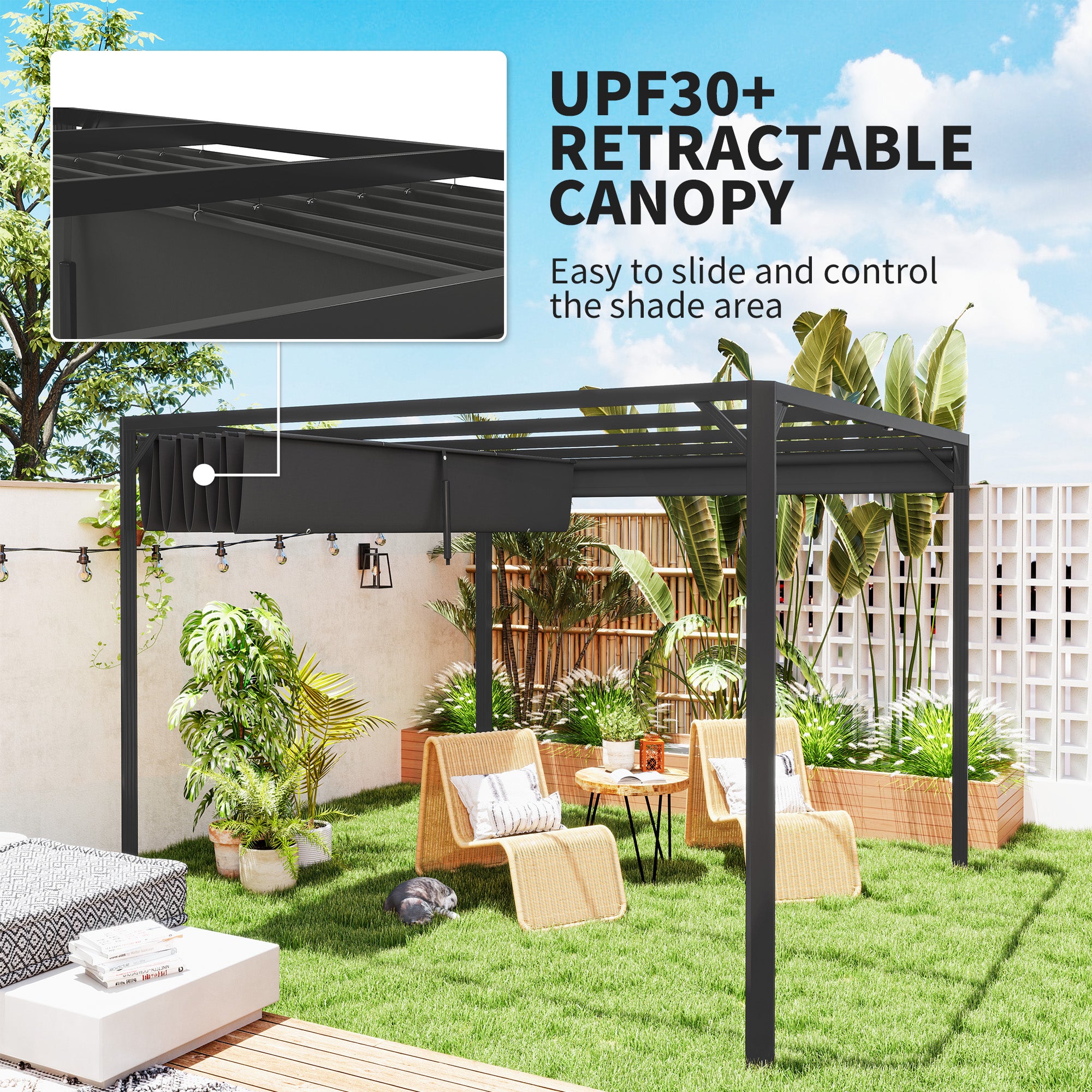 3 x 3m Aluminium Pergola, with Retractable Roof and Wall - Dark Grey