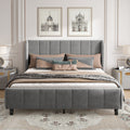 Double Upholstered Velvet Bed with Soft Backrest - Gray