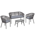 4 Piece Garden Furniture Set, Rope Garden Sofa Set with 1 Loveseat 2 Chairs Tempered Glass Table Cushions, Dark Grey