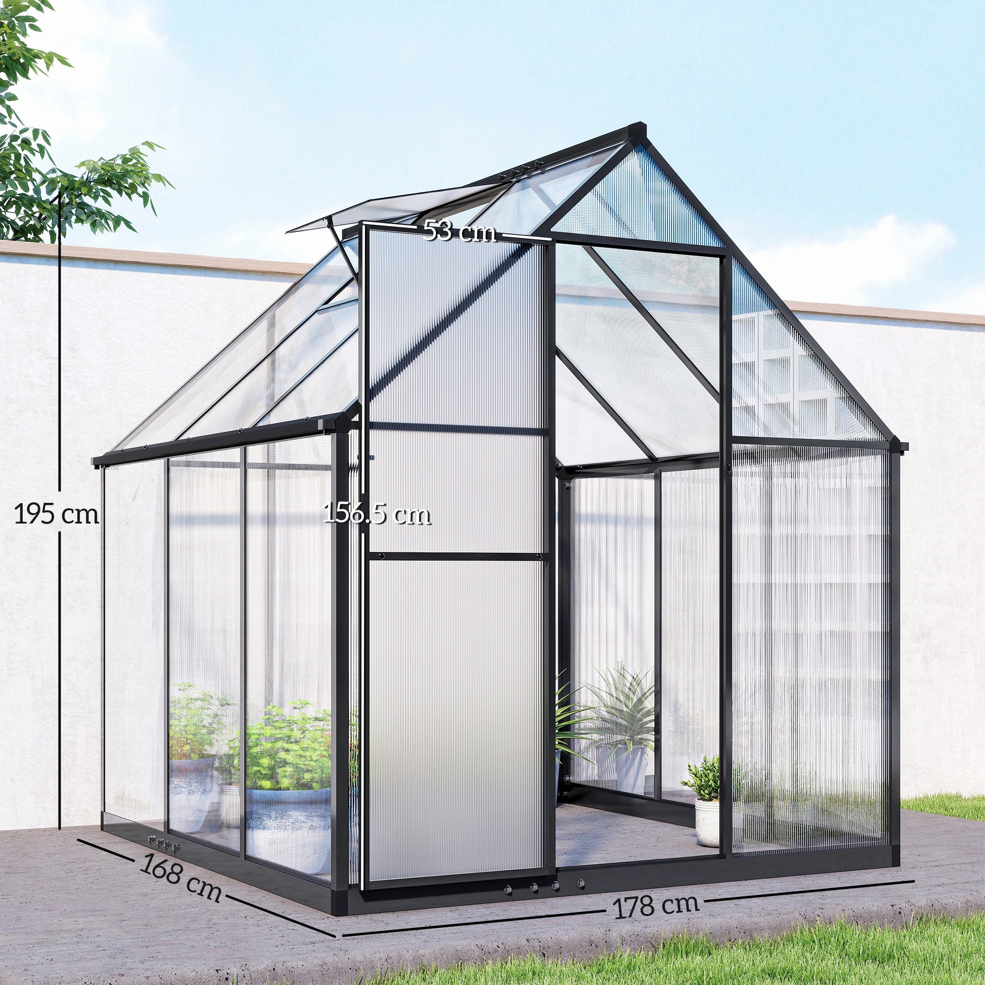 Polycarbonate Greenhouse with Swing Door and Adjustable Window, Walk-in Greenhouse with Rain Gutter, 5.5 x 6ft, Black