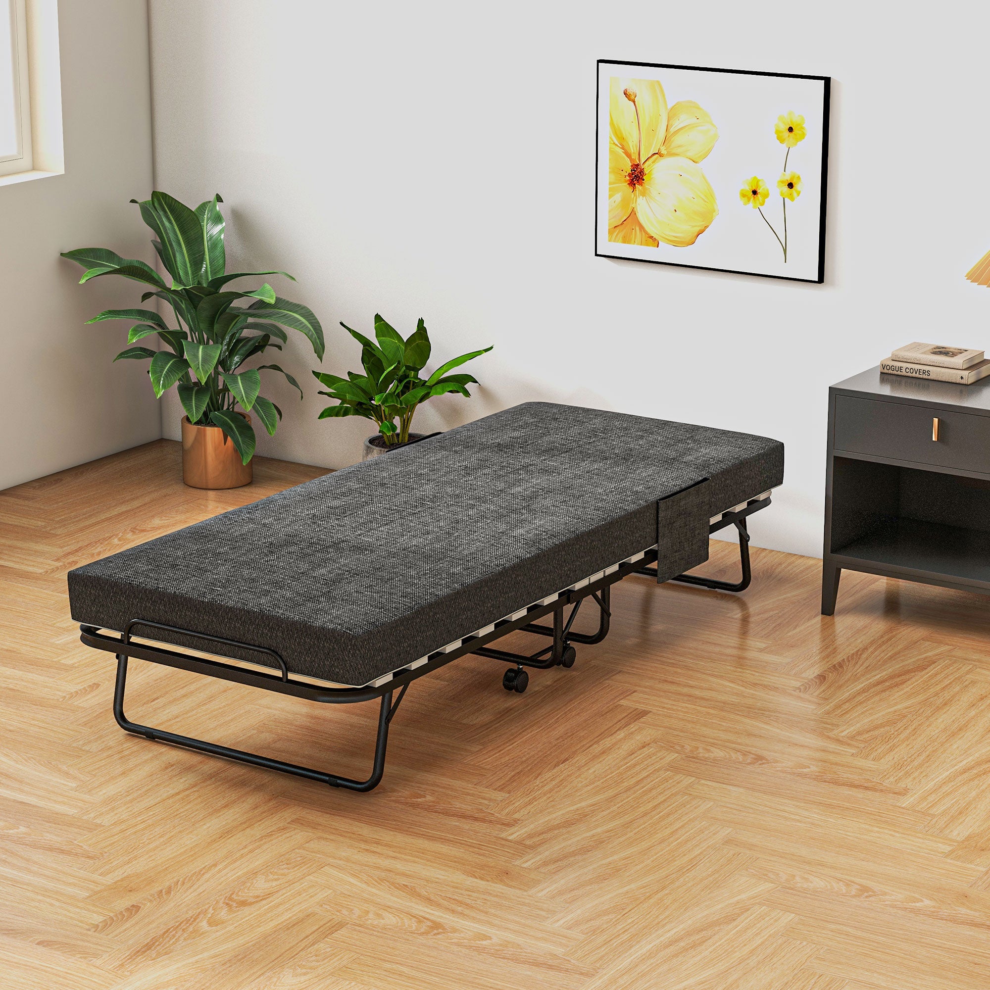 Folding Bed with Mattress, Foldable Guest Bed on Wheels, Portable Single Bed with 10cm Mattress, Side Pockets, Cover, 190 x 80cm, Dark Grey