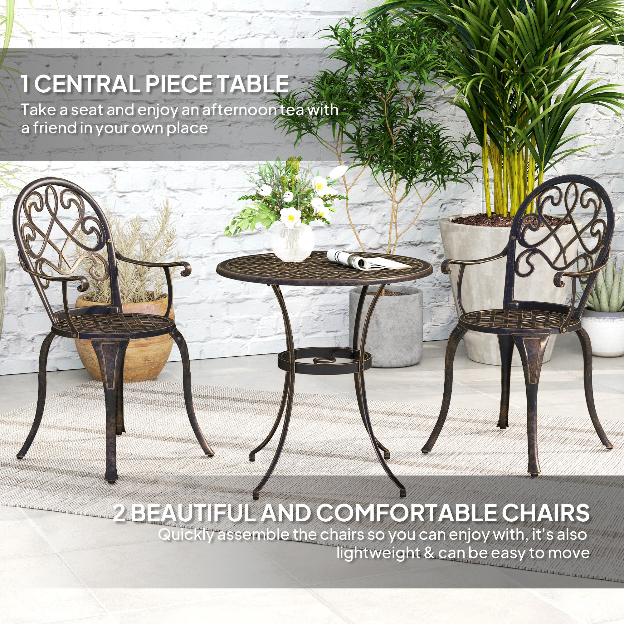 3 Piece Aluminium Garden Bistro Set with Adjustable Feet - Bronze Tone