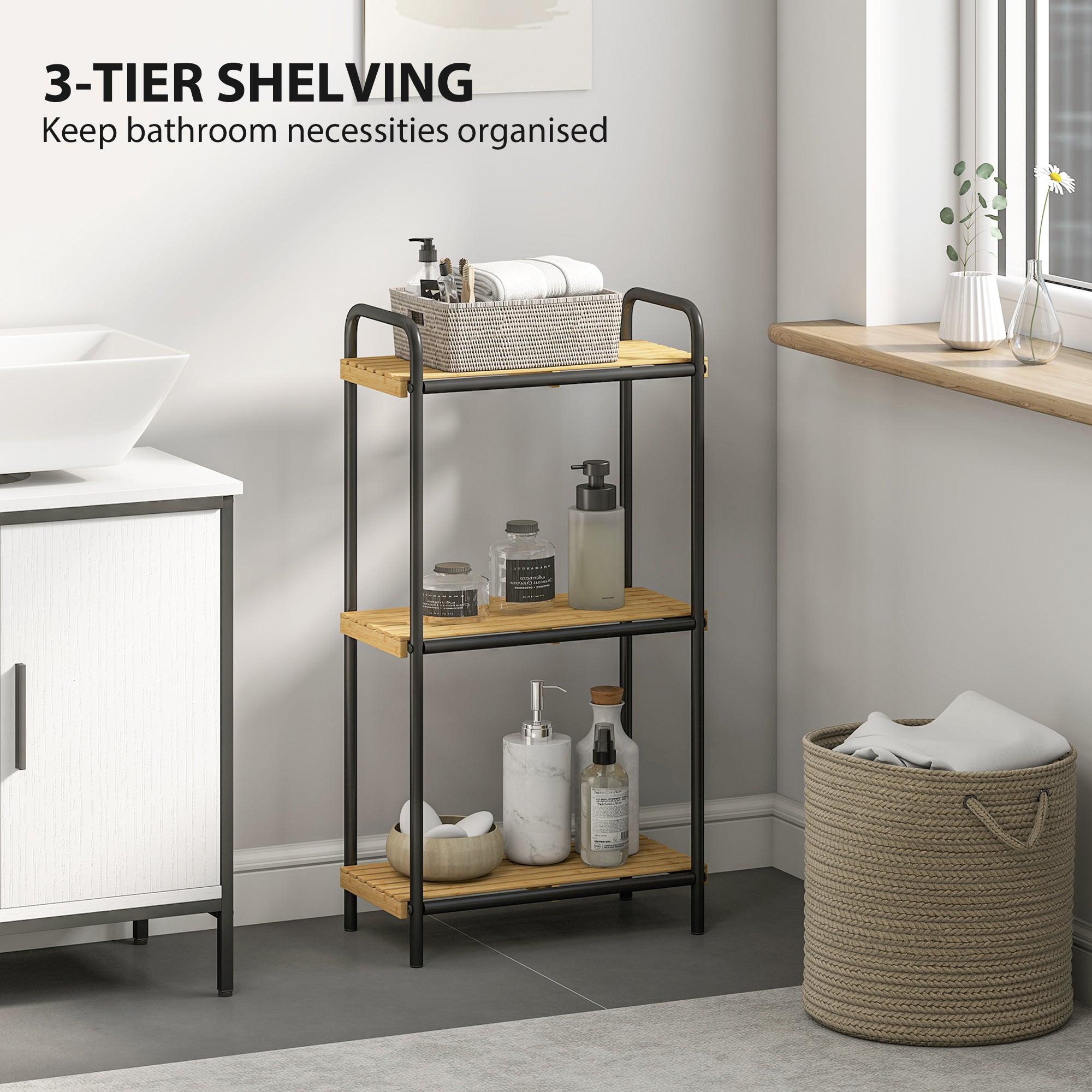 3-Tier Bamboo Bathroom Storage Shelf, Freestanding Narrow Shelving Unit with Slatted Shelves for Kitchen Bathroom Living Room, 41.5 x 21.5 x 77.5 cm, Natural and Black