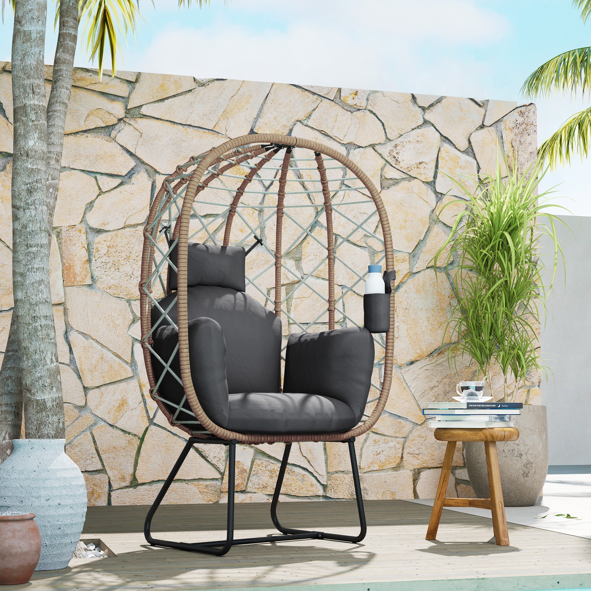 1 Piece Rattan Egg Chair with Cushion and Headrest - Brown