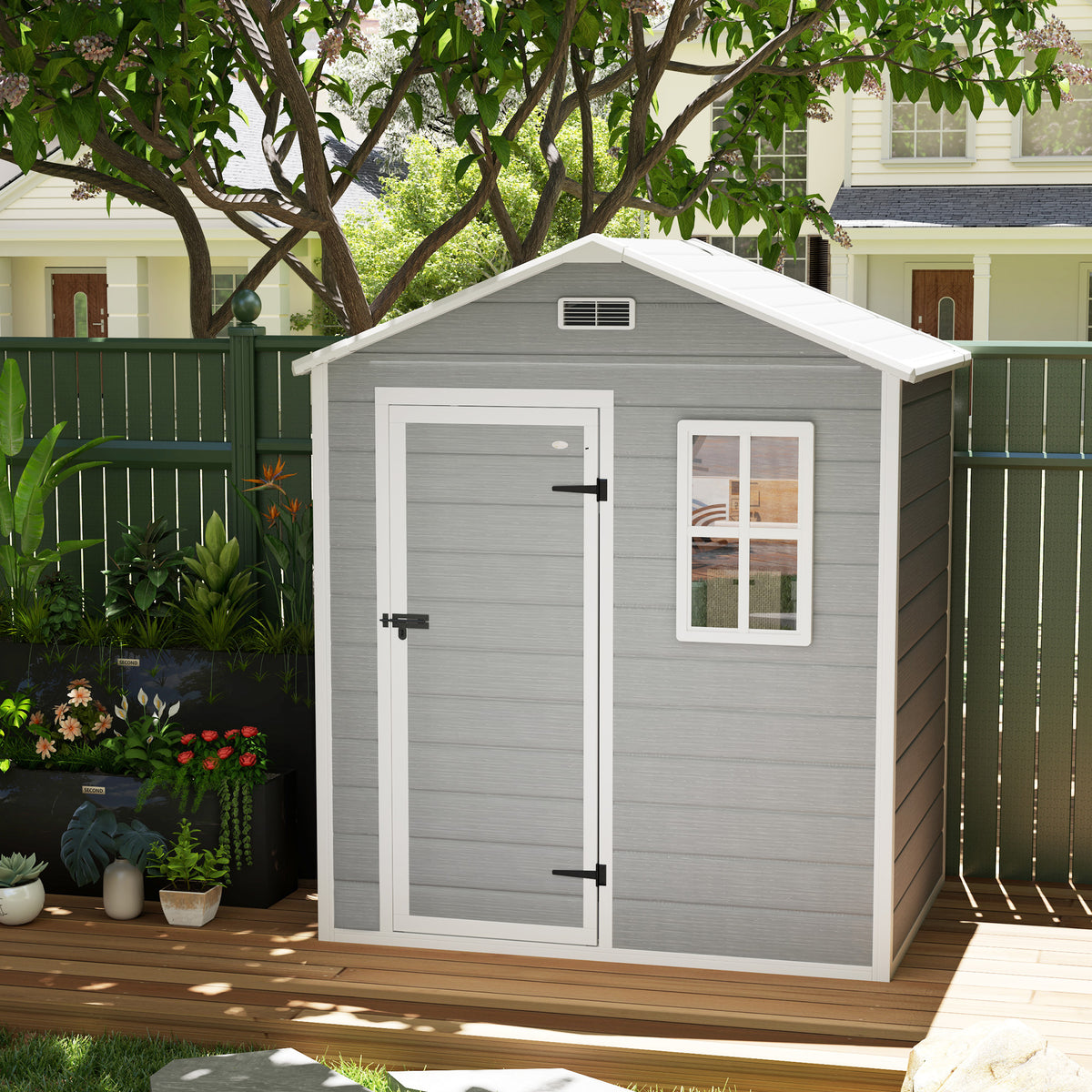6 x 4ft Plastic Garden Shed with Floor and Lockable Door - Grey Wood Effect
