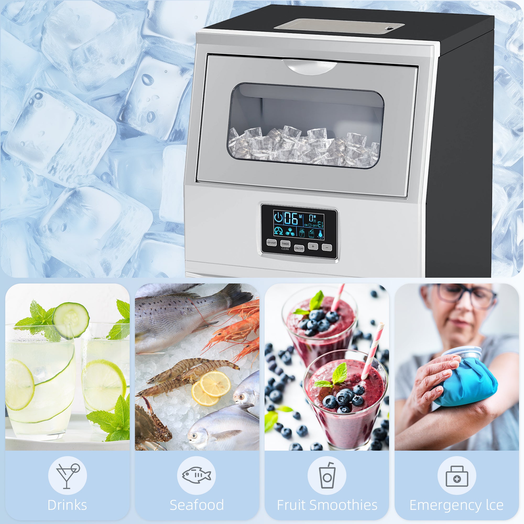Commercial Ice Maker Machine 30kg/24h with Digital Control, Self-Cleaning & Ice Scoop, 4kg Storage - Silver Black
