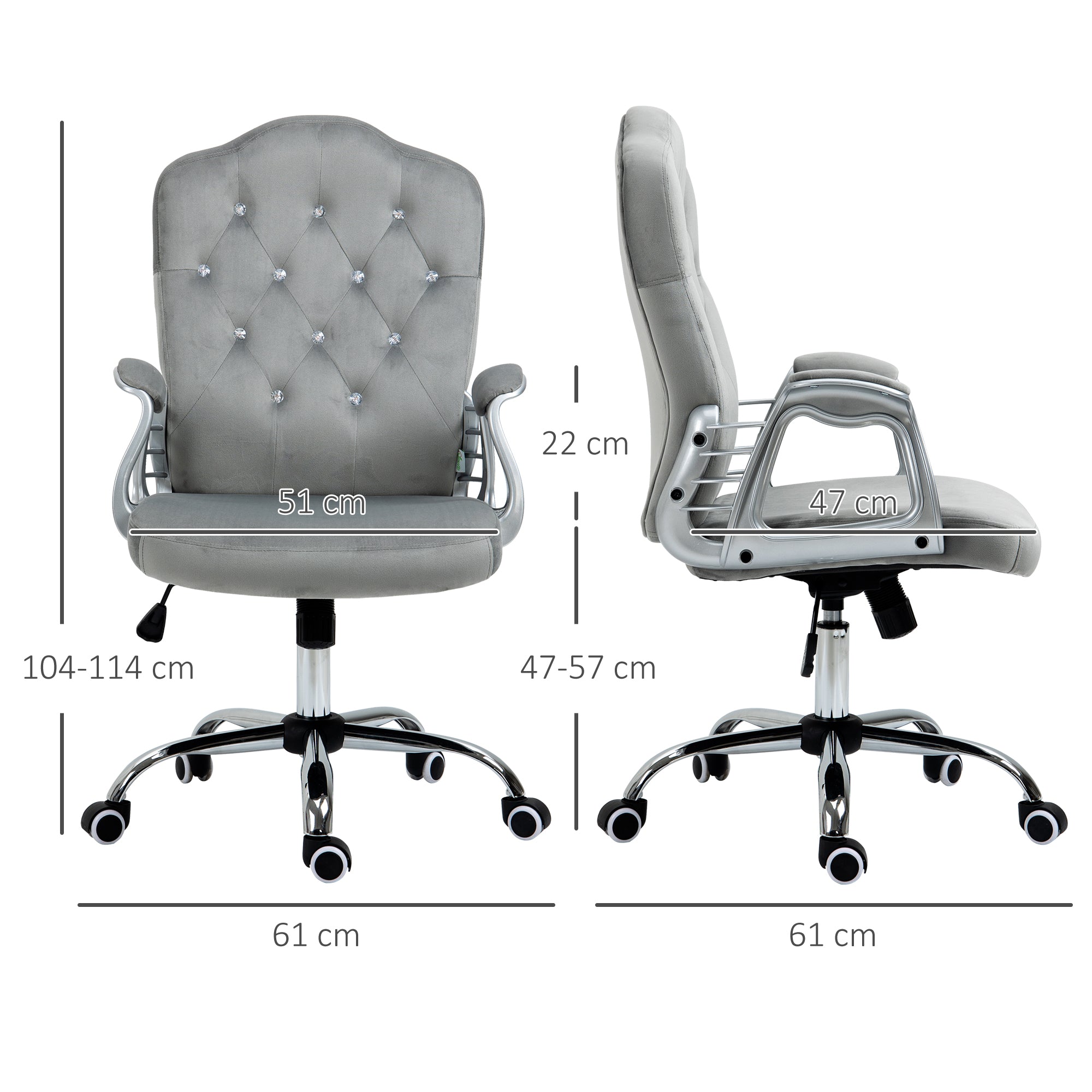 Velvet-Feel Work Chair, with Diamante Back - Grey