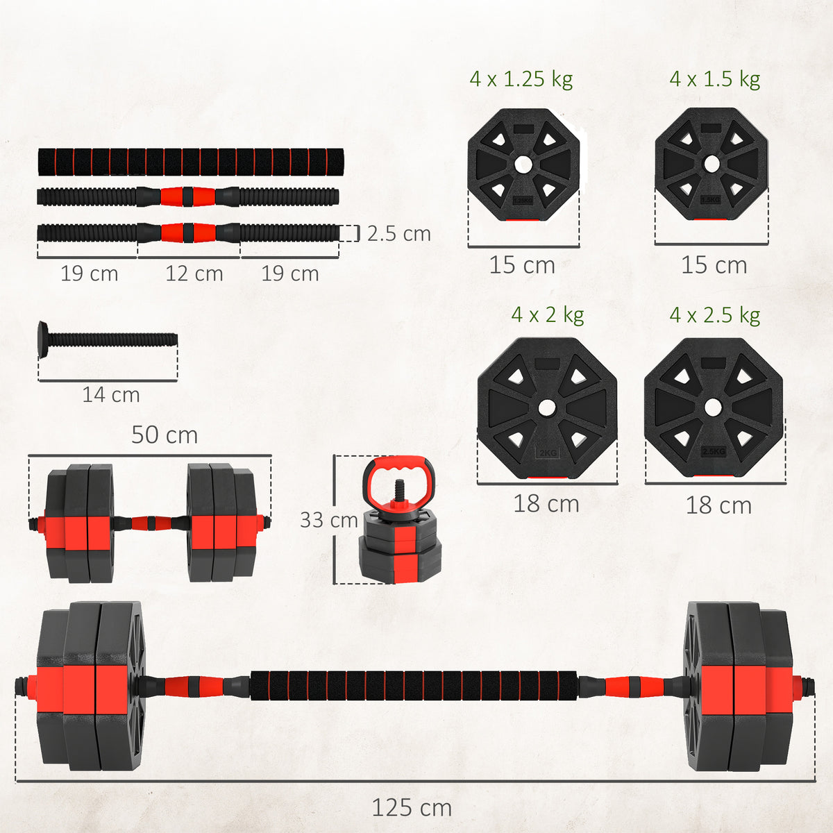 6-in-1 Adjustable Weight Dumbbells Set, Used as Kettlebell, Barbell, Dumbbell, Push-Up Stand, 30kg Free Weights Set for Men and Women Home Gym Training, Red