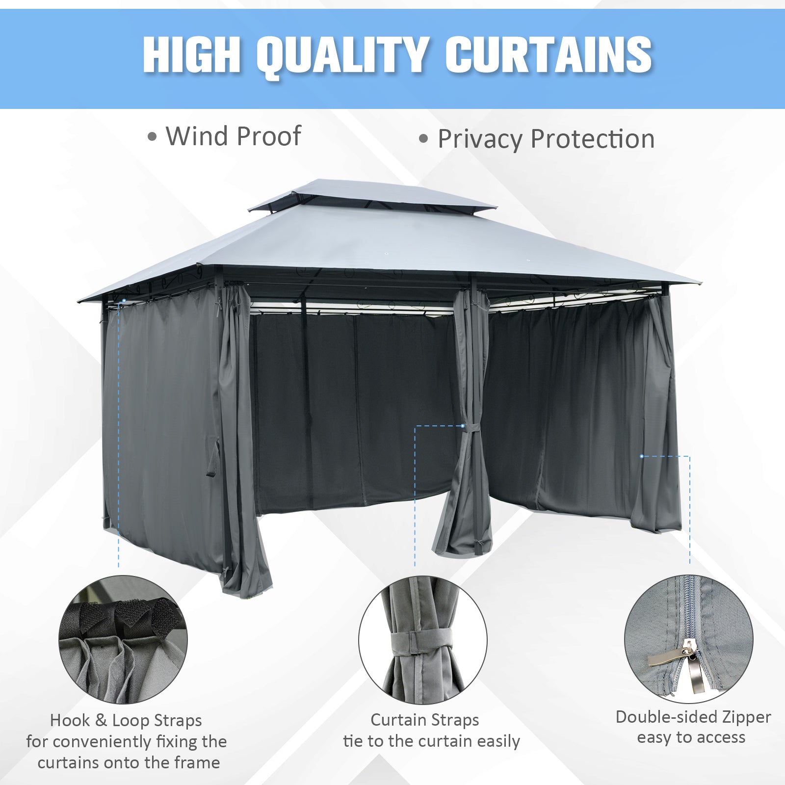 4m x 3(m)Garden Gazebo, Double Roof Outdoor Gazebo Canopy Shelter with Curtains, Solid Steel Frame for Lawn and Deck, Grey