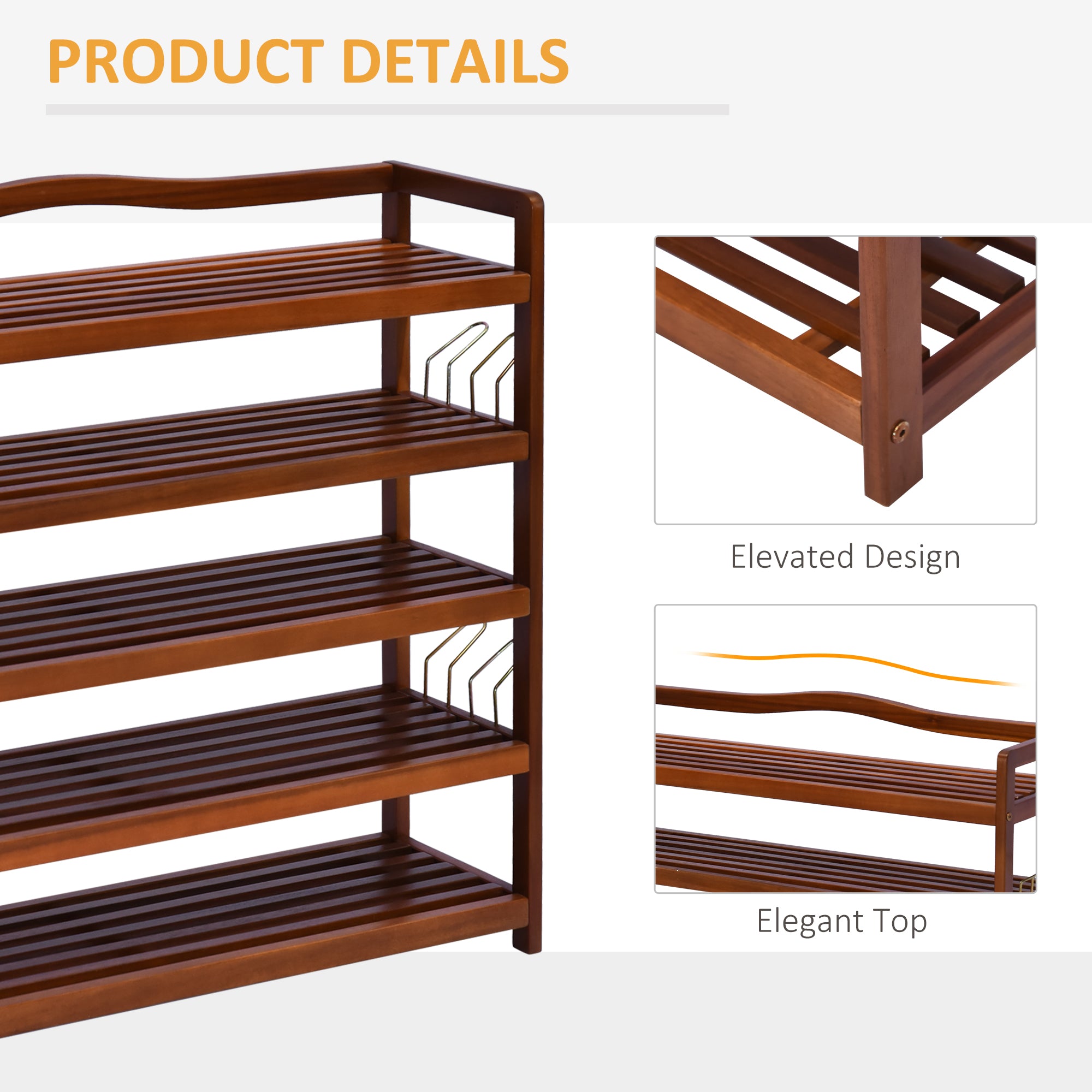 5-Tier Shoe Rack, Acacia Wooden Shoe Storage Organiser with Hangers, Holds up to 24 Pairs, for Entryway, Living Room, 84 x 26 x 82 cm, Teak