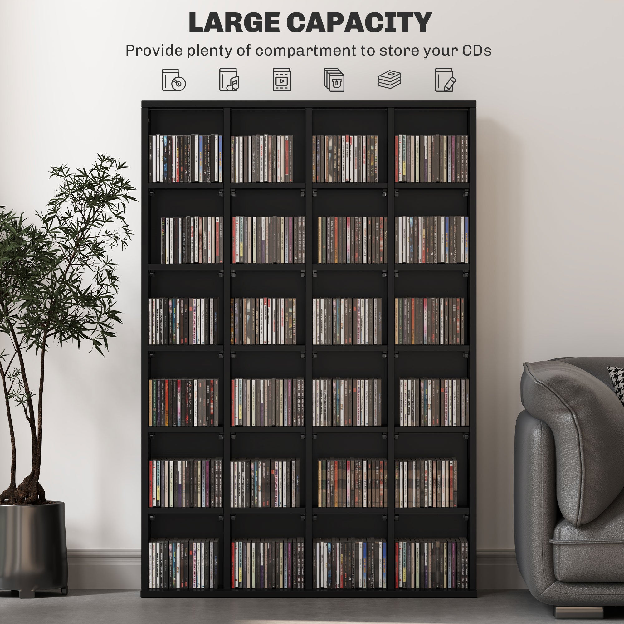 CD Storage Unit with 24 Cubes and Adjustable Shelves 89 x 130.5 cm - Black