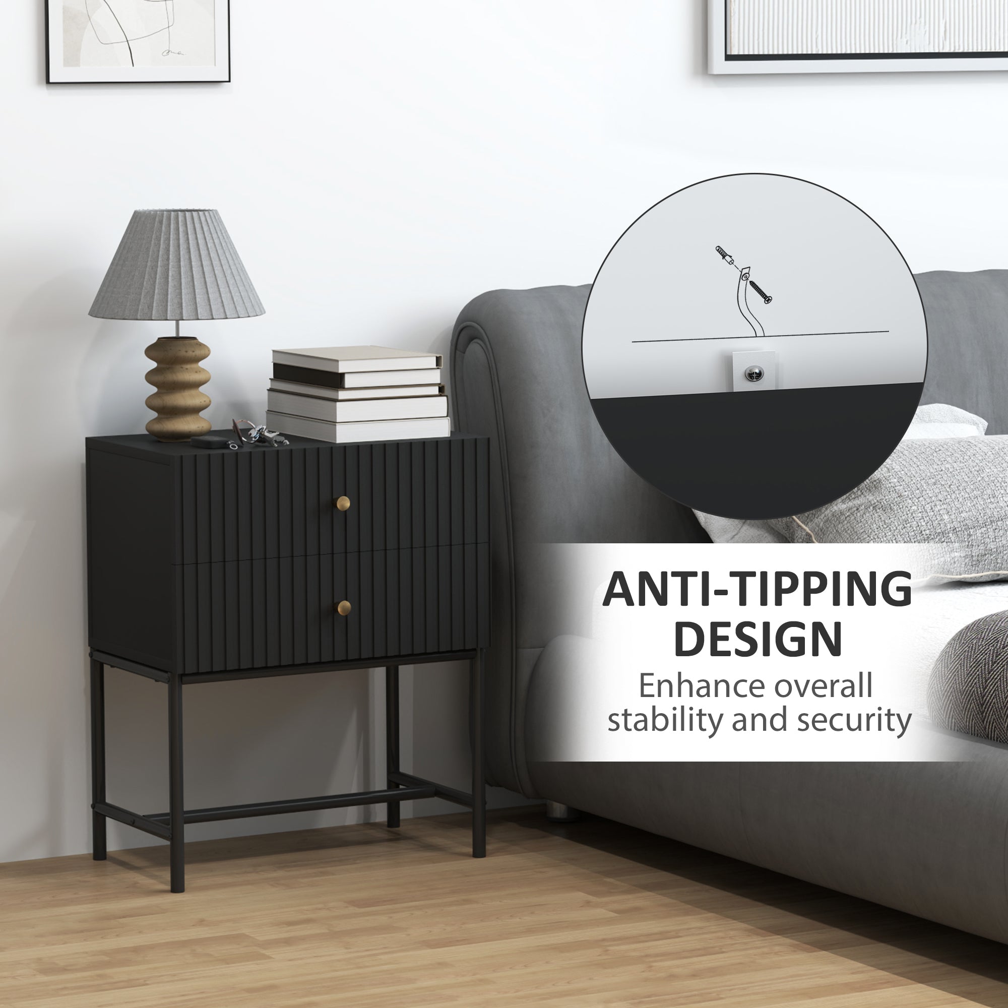 Elegant Two-Drawer Bedside Table - Black