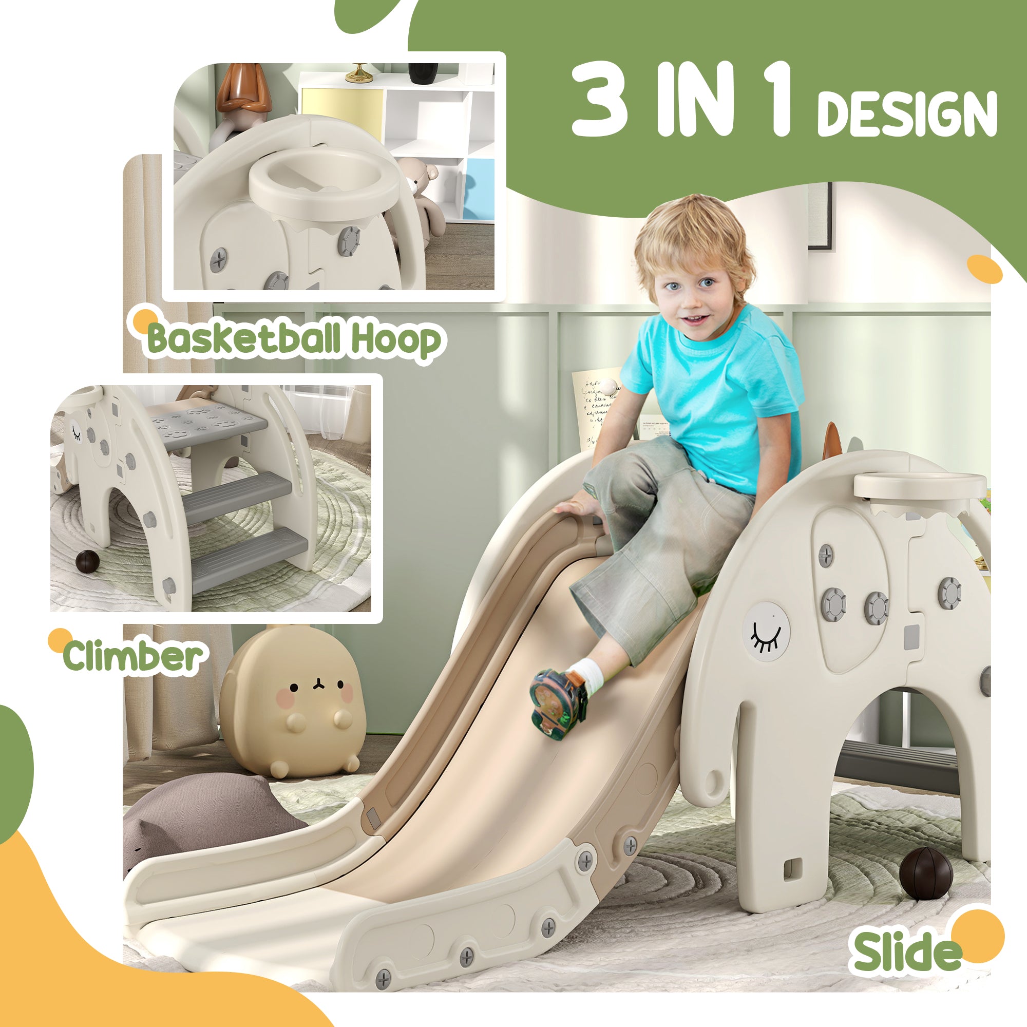 3 in 1 Toddler Slide with Basketball Hoop, Climber, Elephant-Themed, for 1-3 Years, Cream White