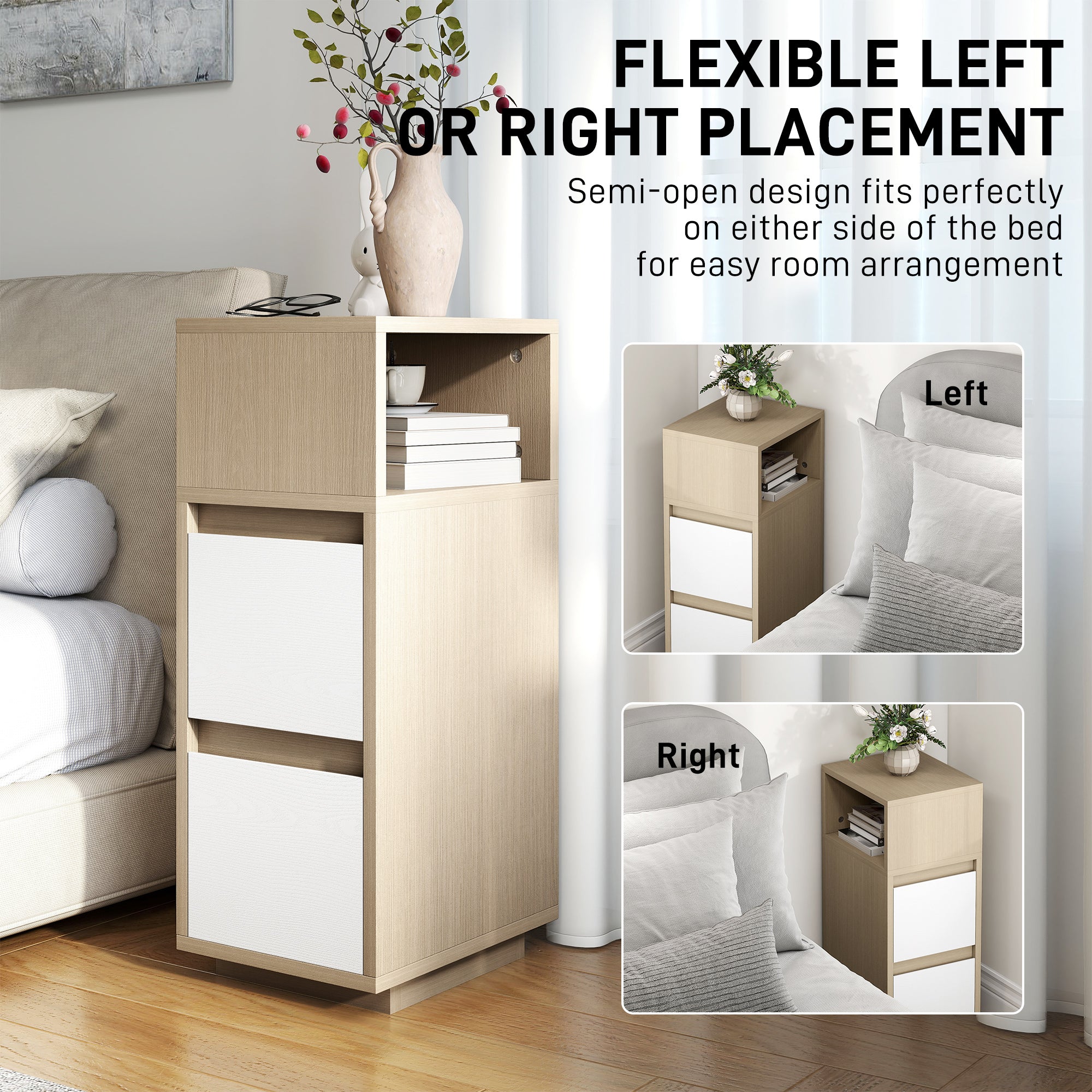 Slim Bedside Table, Narrow Bedside Cabinet with Open Shelf and 2 Drawers for Bedroom, Living Room, Natural Wood Finish