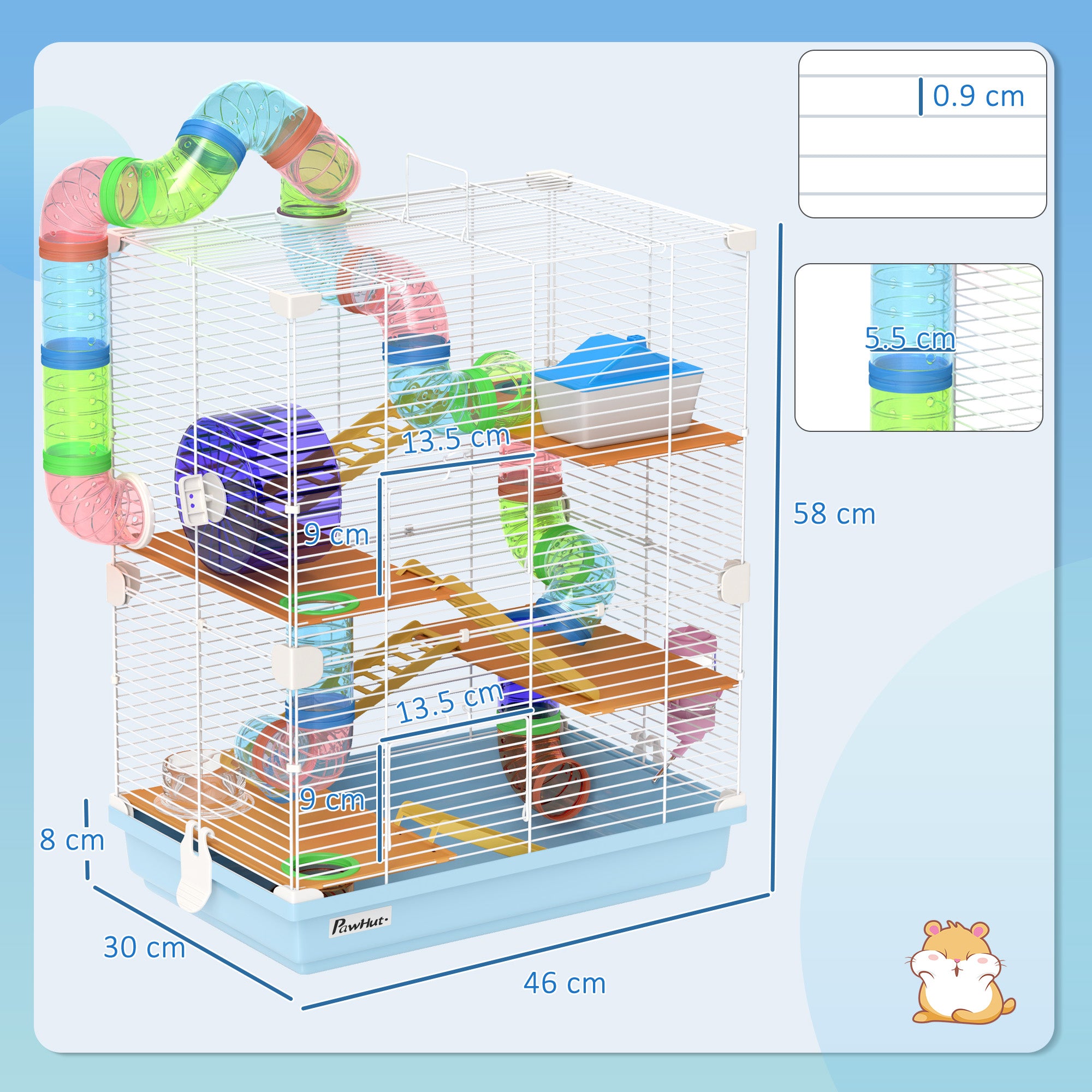 5 Tier Hamster Cage Carrier Habitat w/ Exercise Wheels, Tunnel, Light Blue